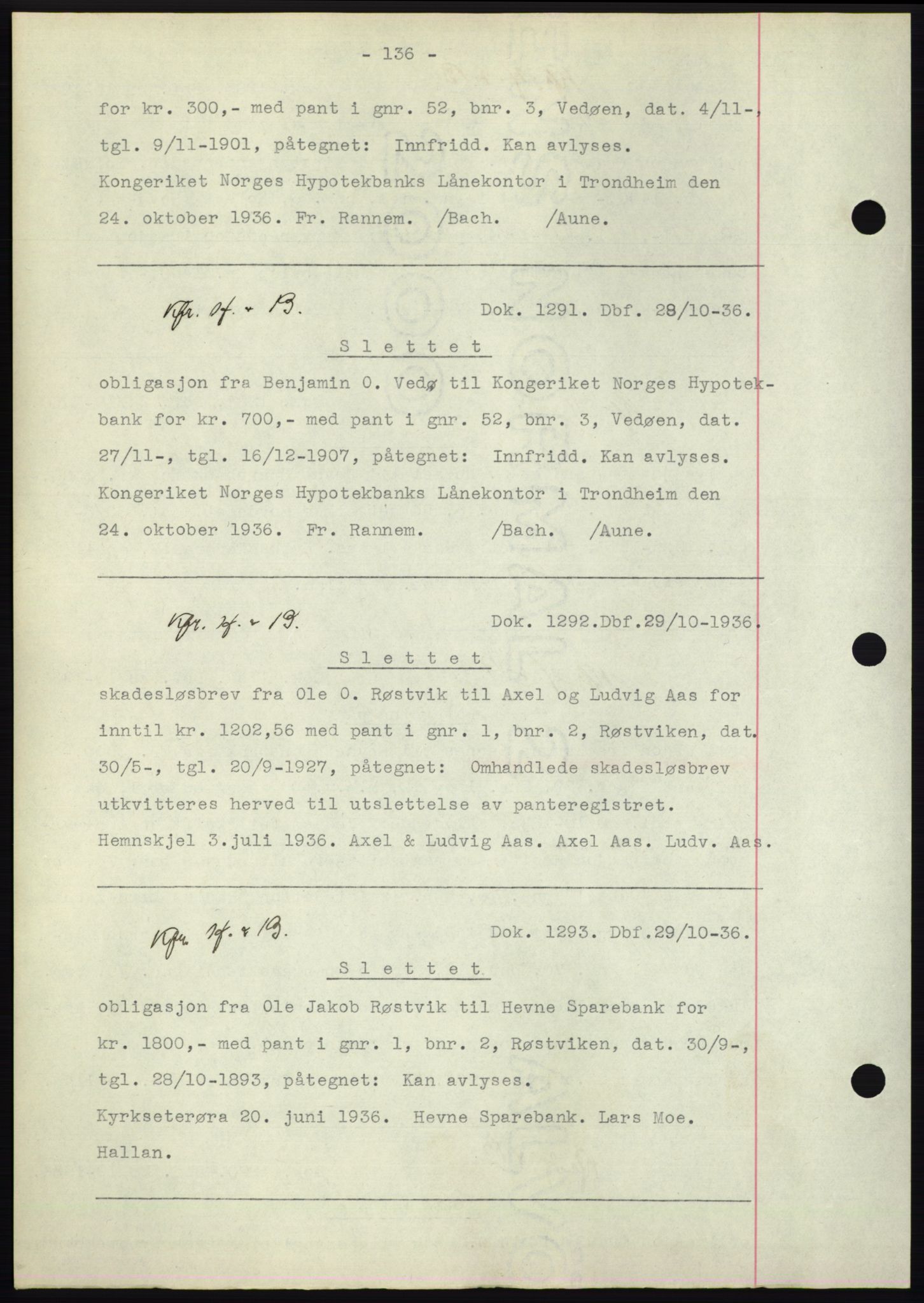 Hitra sorenskriveri, AV/SAT-A-0018/2/2C/2Ca: Mortgage book no. C1, 1936-1945, Diary no: : 1291/1936