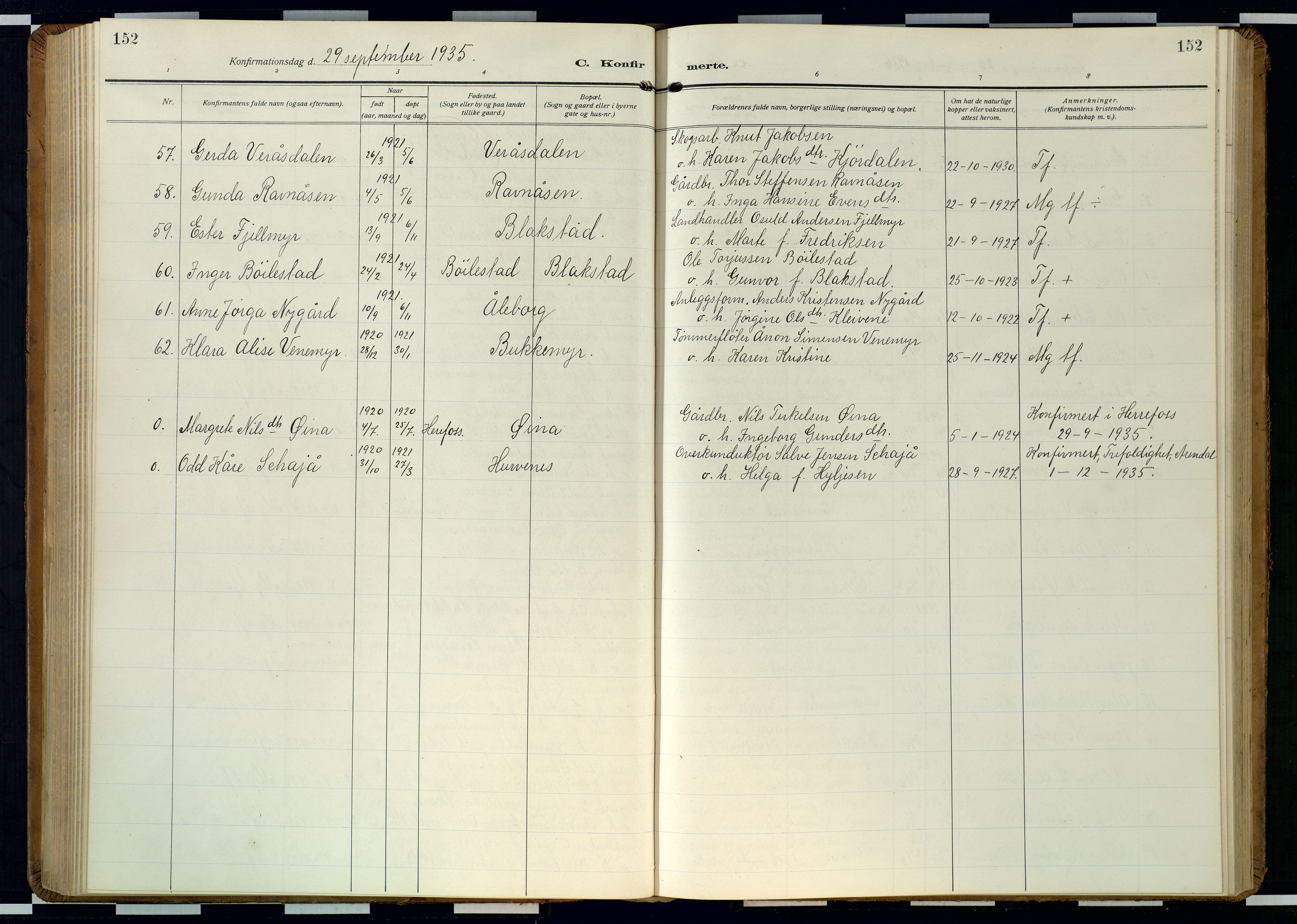 Froland sokneprestkontor, AV/SAK-1111-0013/F/Fb/L0011: Parish register (copy) no. B 11, 1921-1947, p. 152