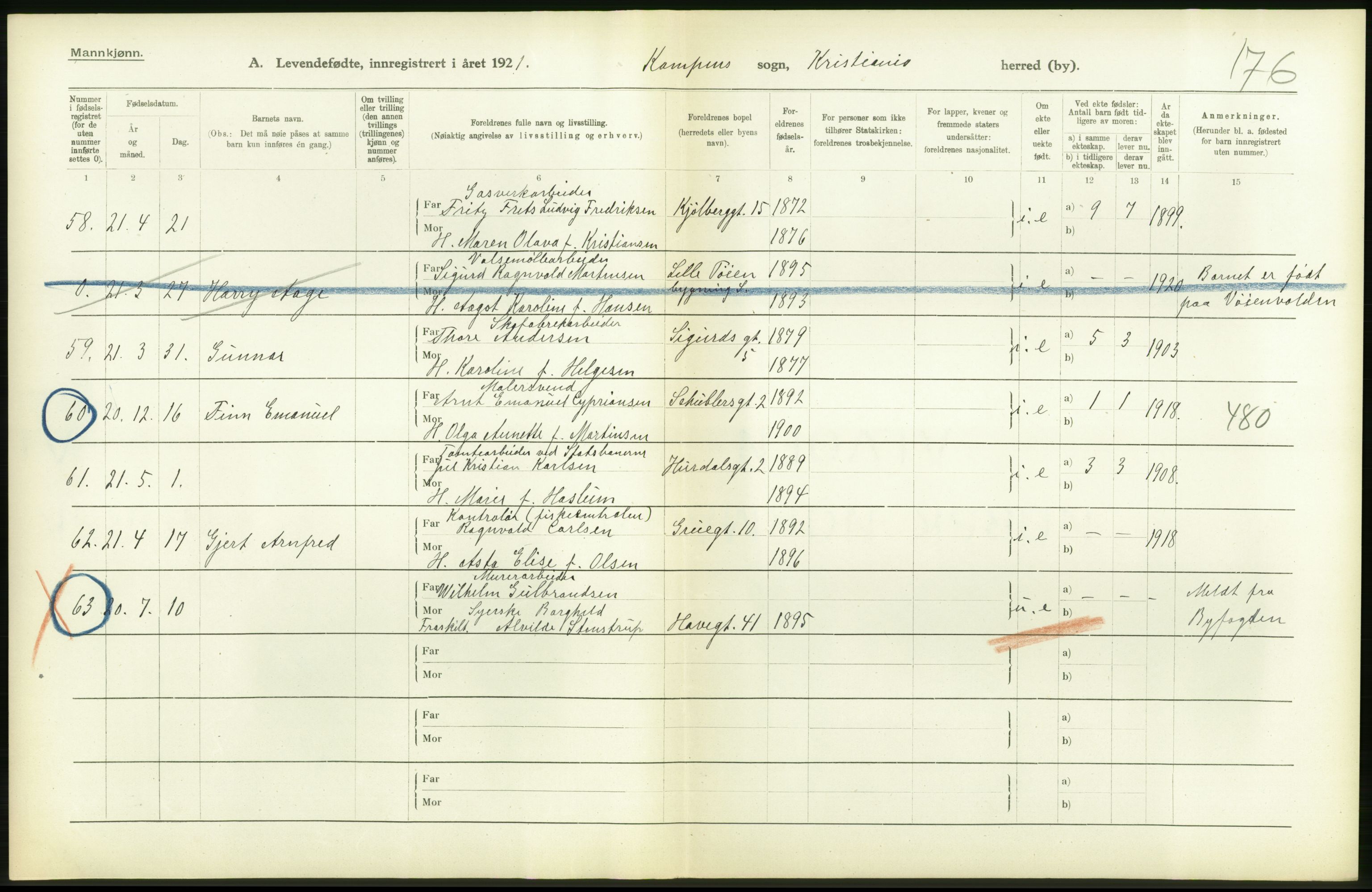 Statistisk sentralbyrå, Sosiodemografiske emner, Befolkning, RA/S-2228/D/Df/Dfc/Dfca/L0009: Kristiania: Levendefødte menn og kvinner., 1921, p. 96