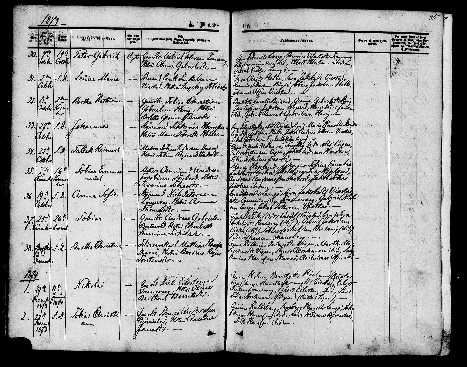 Herad sokneprestkontor, SAK/1111-0018/F/Fa/Fab/L0004: Parish register (official) no. A 4, 1853-1885, p. 85