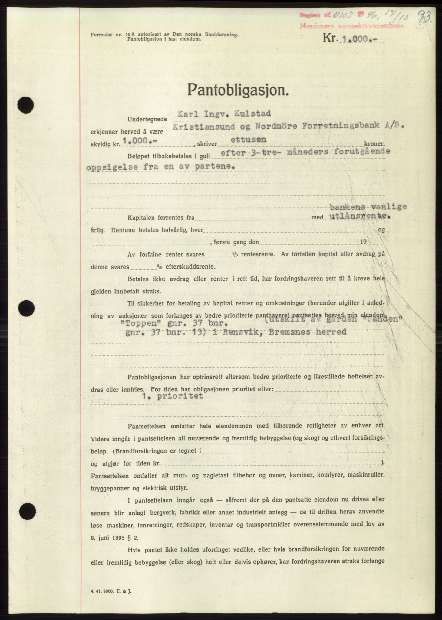 Nordmøre sorenskriveri, AV/SAT-A-4132/1/2/2Ca: Mortgage book no. B95, 1946-1947, Diary no: : 2103/1946