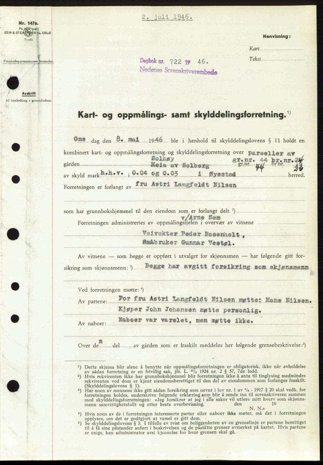Nedenes sorenskriveri, SAK/1221-0006/G/Gb/Gba/L0055: Mortgage book no. A7, 1946-1946, Diary no: : 722/1946