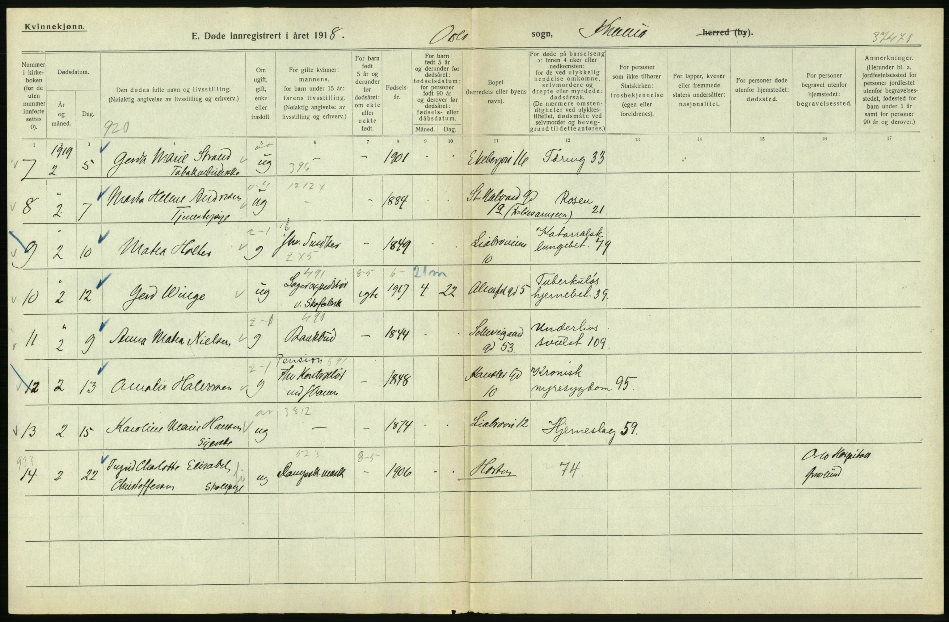 Statistisk sentralbyrå, Sosiodemografiske emner, Befolkning, AV/RA-S-2228/D/Df/Dfb/Dfbi/L0010: Kristiania: Døde, 1919, p. 366