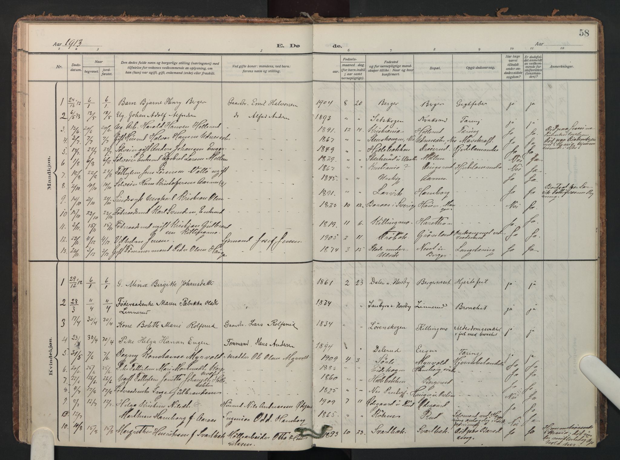 Aurskog prestekontor Kirkebøker, SAO/A-10304a/F/Fa/L0016: Parish register (official) no. I 16, 1910-1934, p. 58