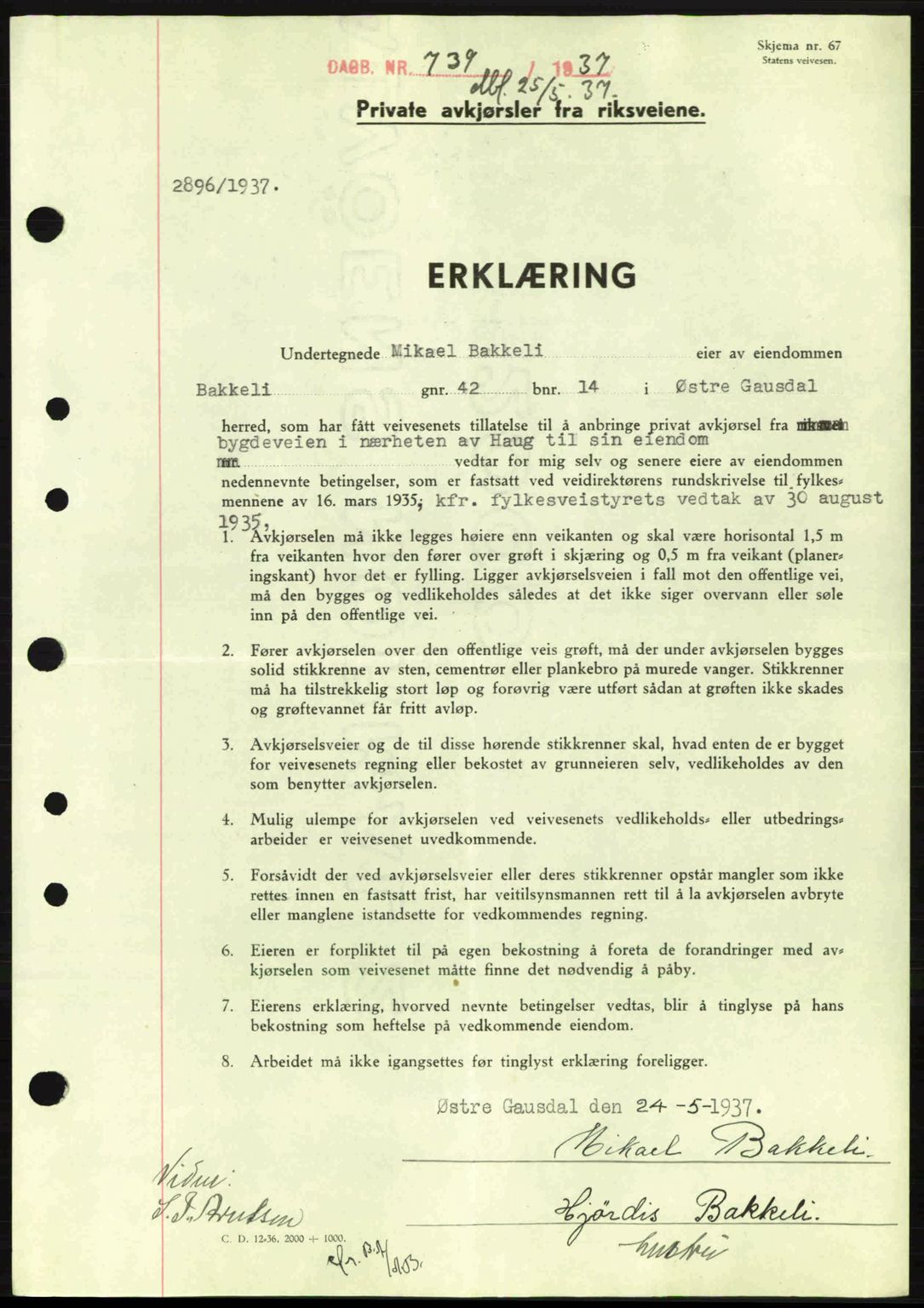 Sør-Gudbrandsdal tingrett, SAH/TING-004/H/Hb/Hbe/L0001: Mortgage book no. B1, 1936-1939, Diary no: : 739/1937