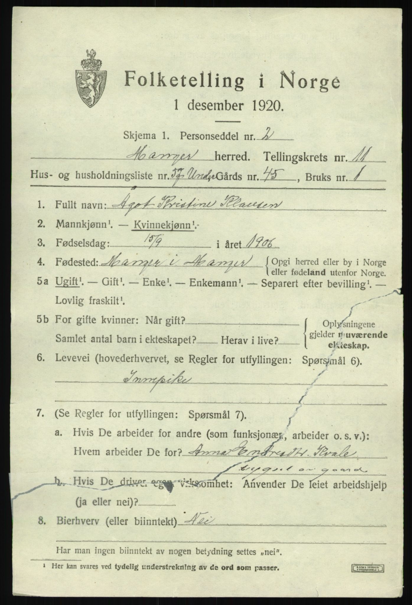 SAB, 1920 census for Manger, 1920, p. 7462