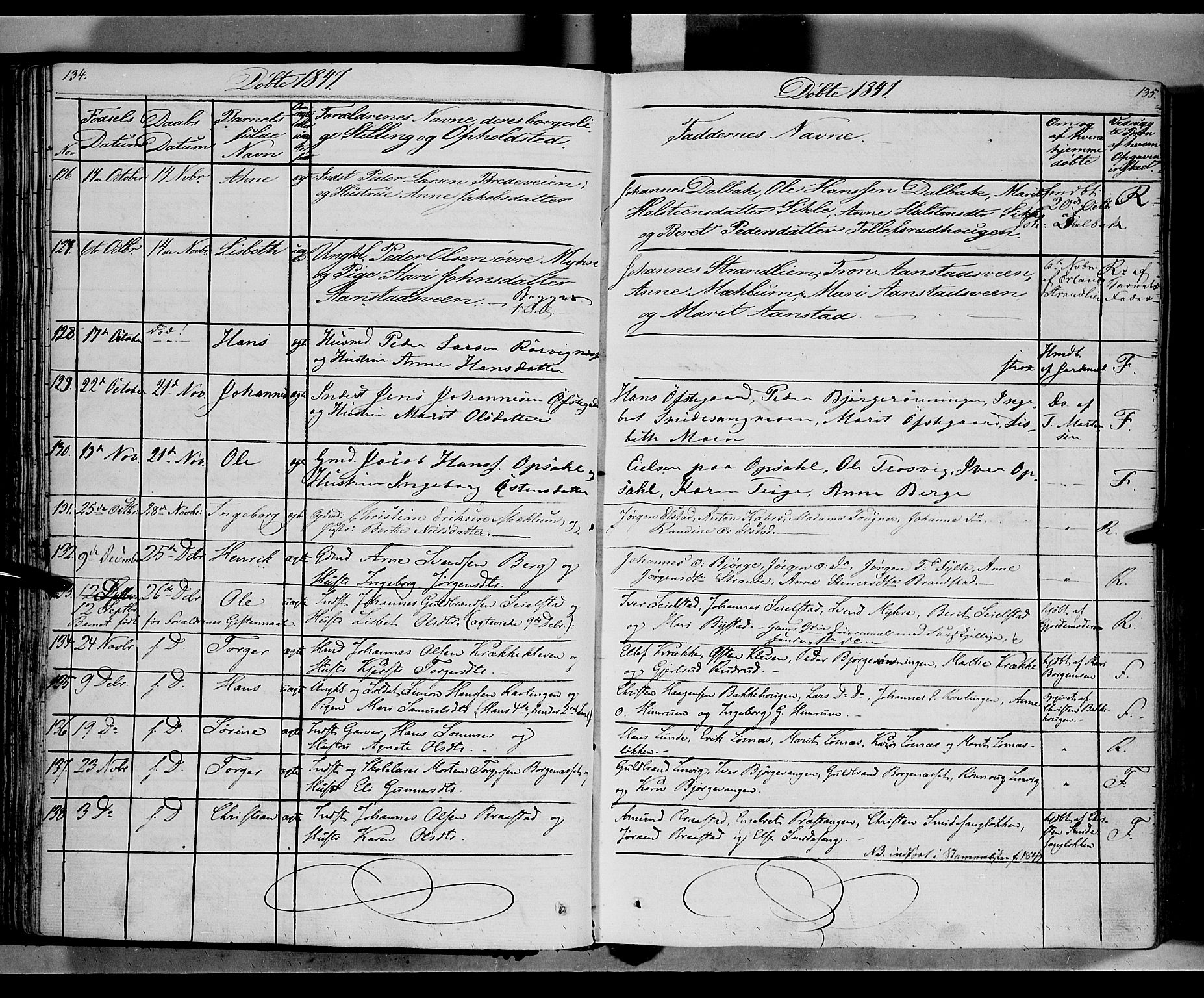 Ringebu prestekontor, AV/SAH-PREST-082/H/Ha/Haa/L0005: Parish register (official) no. 5, 1839-1848, p. 134-135