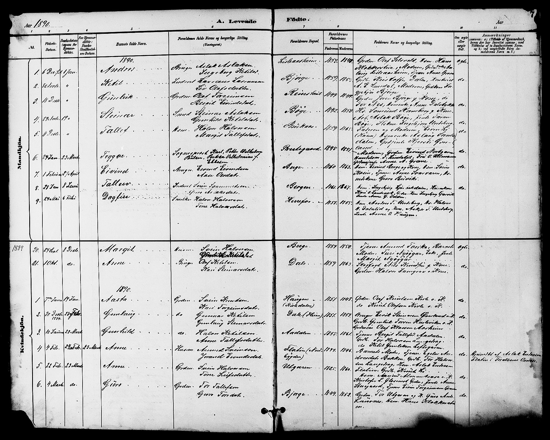 Seljord kirkebøker, SAKO/A-20/G/Ga/L0005: Parish register (copy) no. I 5, 1887-1914, p. 7