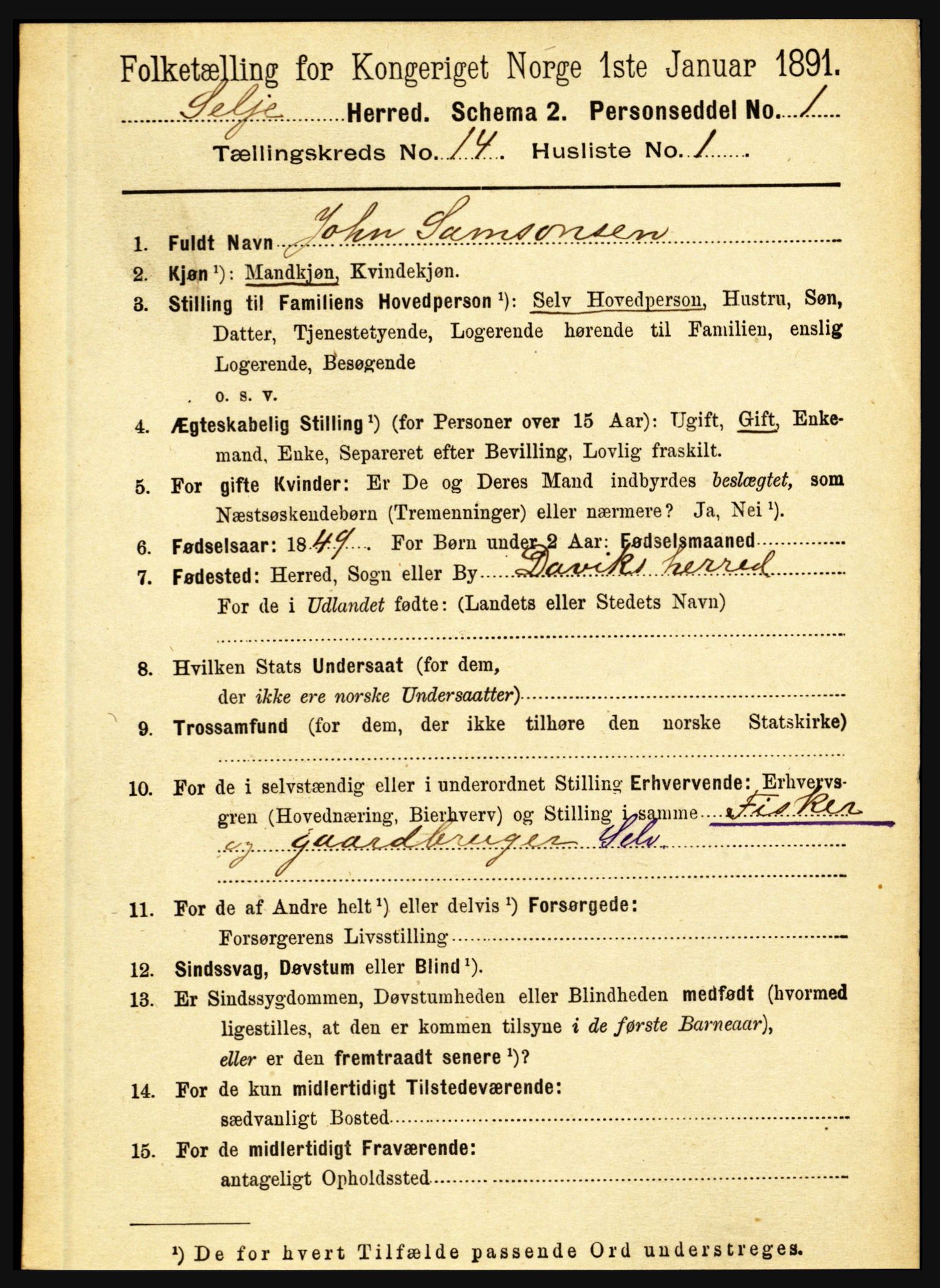 RA, 1891 census for 1441 Selje, 1891, p. 4436