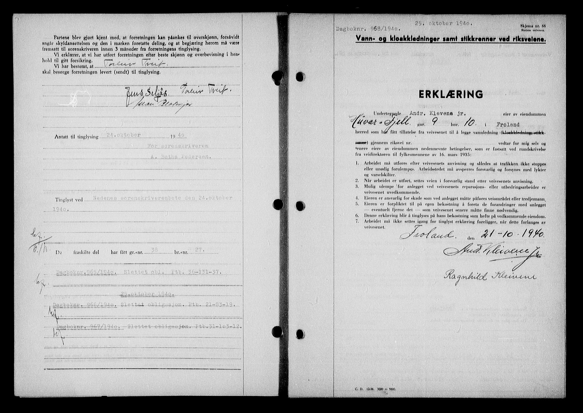 Nedenes sorenskriveri, AV/SAK-1221-0006/G/Gb/Gba/L0048: Mortgage book no. A-II, 1940-1941, Diary no: : 968/1940