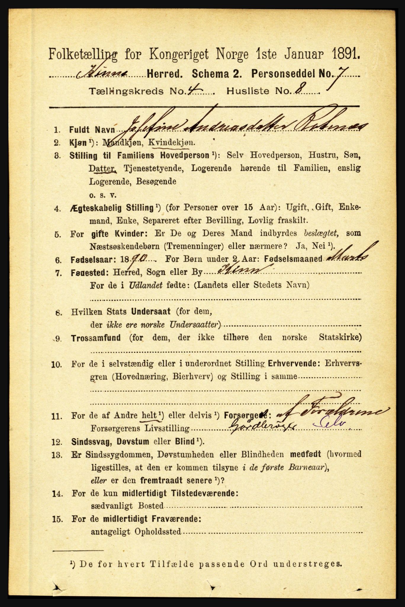 RA, 1891 census for 1437 Kinn, 1891, p. 1376