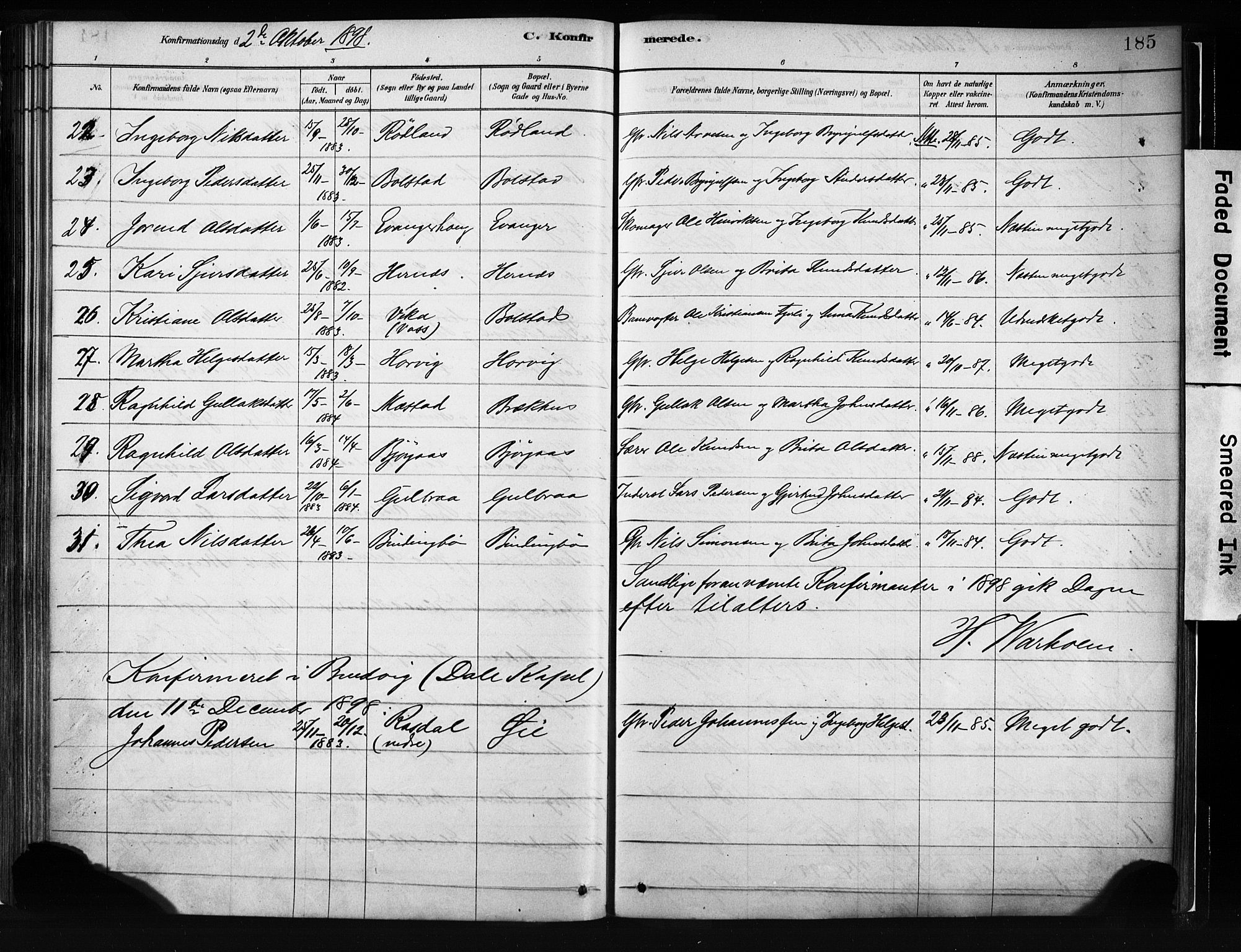 Evanger sokneprestembete, SAB/A-99924: Parish register (official) no. A 1, 1877-1899, p. 185