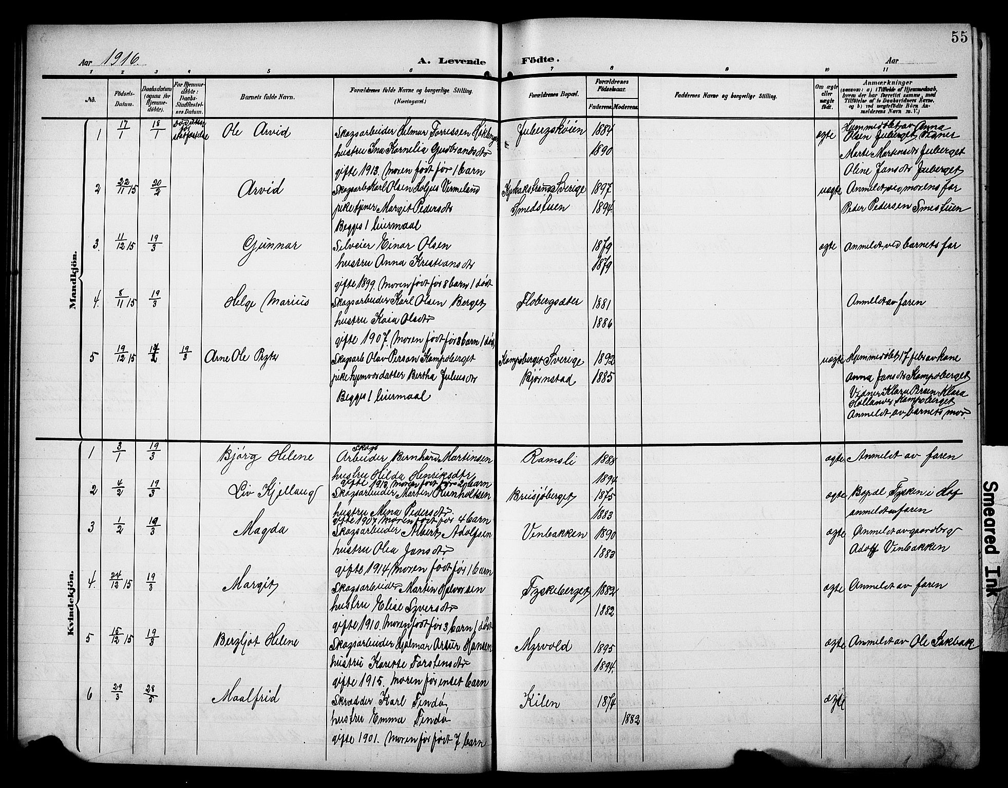 Åsnes prestekontor, AV/SAH-PREST-042/H/Ha/Hab/L0006: Parish register (copy) no. 6, 1903-1929, p. 55