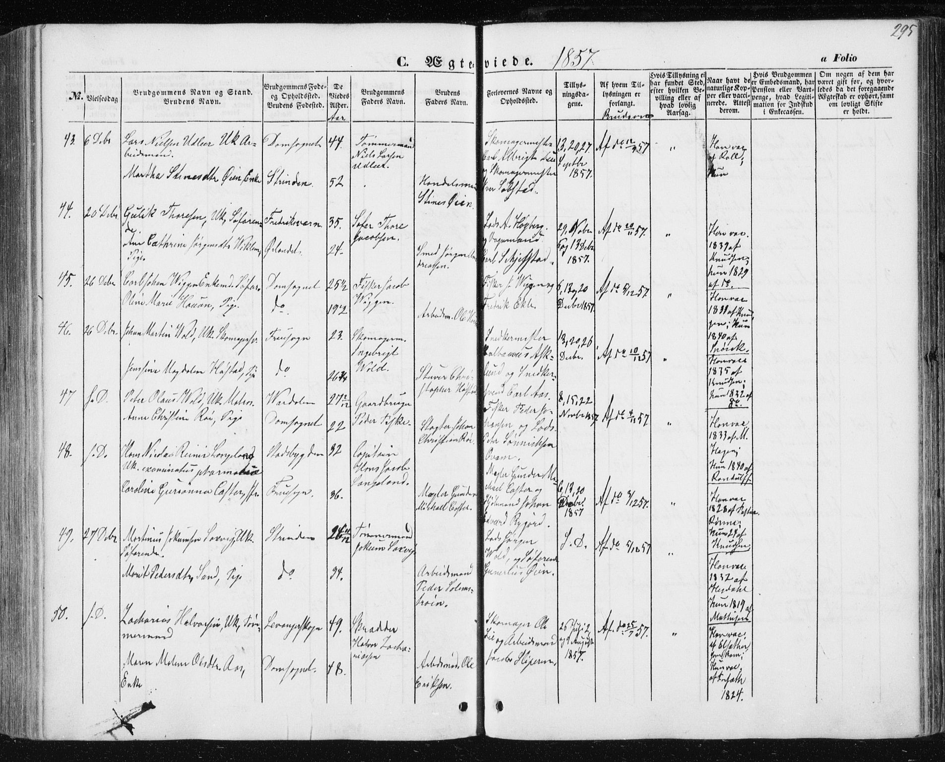 Ministerialprotokoller, klokkerbøker og fødselsregistre - Sør-Trøndelag, SAT/A-1456/602/L0112: Parish register (official) no. 602A10, 1848-1859, p. 295