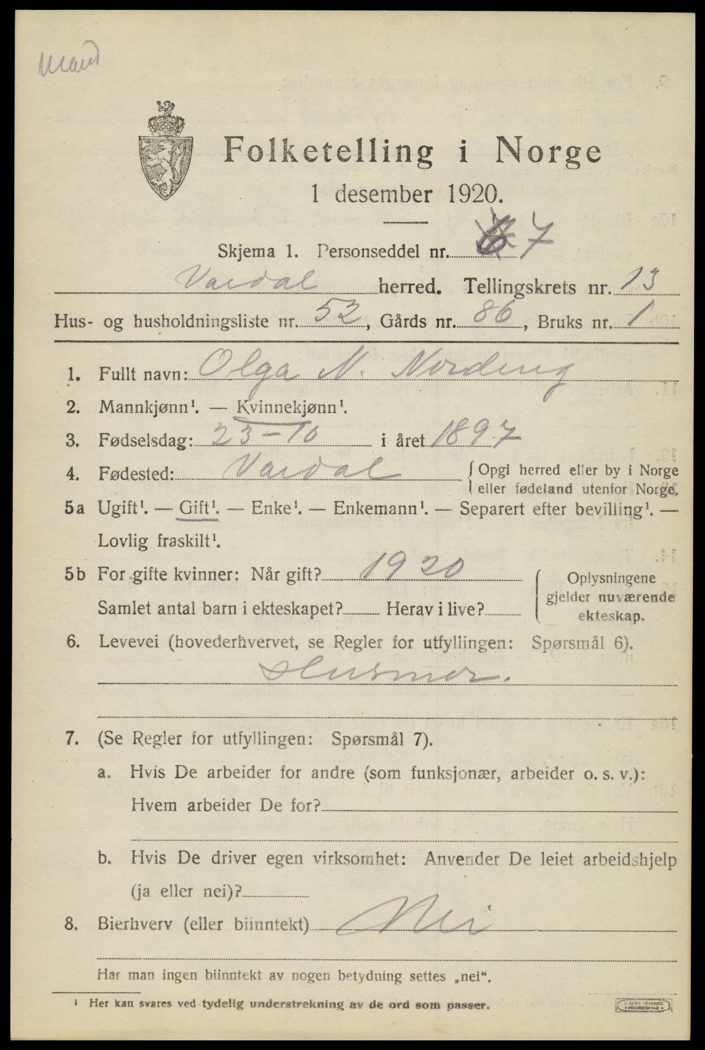 SAH, 1920 census for Vardal, 1920, p. 14397