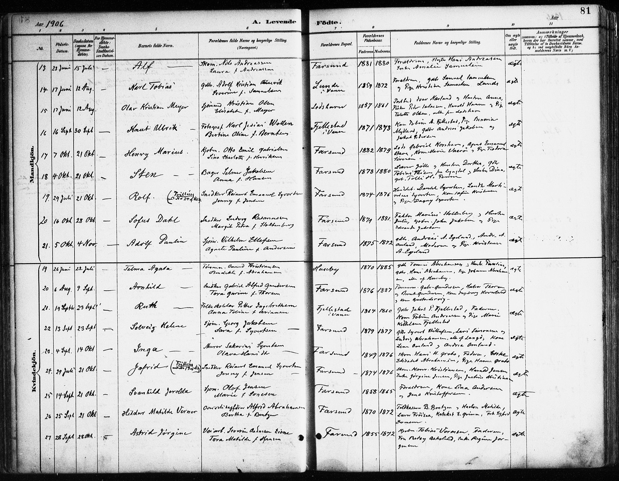 Farsund sokneprestkontor, SAK/1111-0009/F/Fa/L0006: Parish register (official) no. A 6, 1887-1920, p. 81