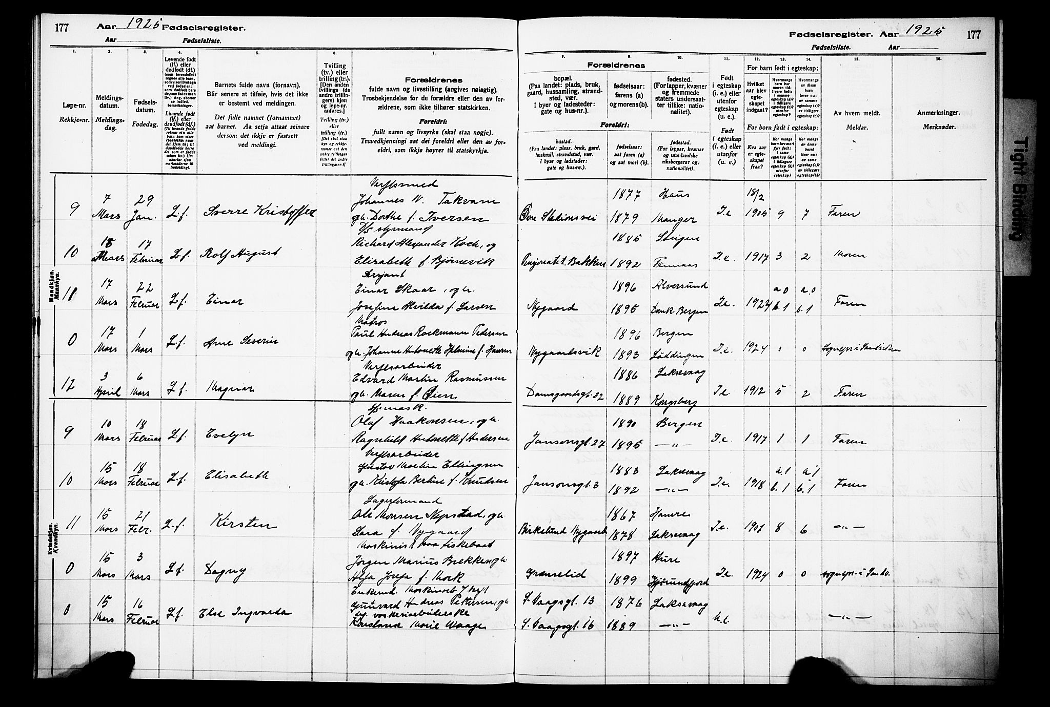 Laksevåg Sokneprestembete, AV/SAB-A-76501/I/Id/L00A1: Birth register no. A 1, 1916-1926, p. 177