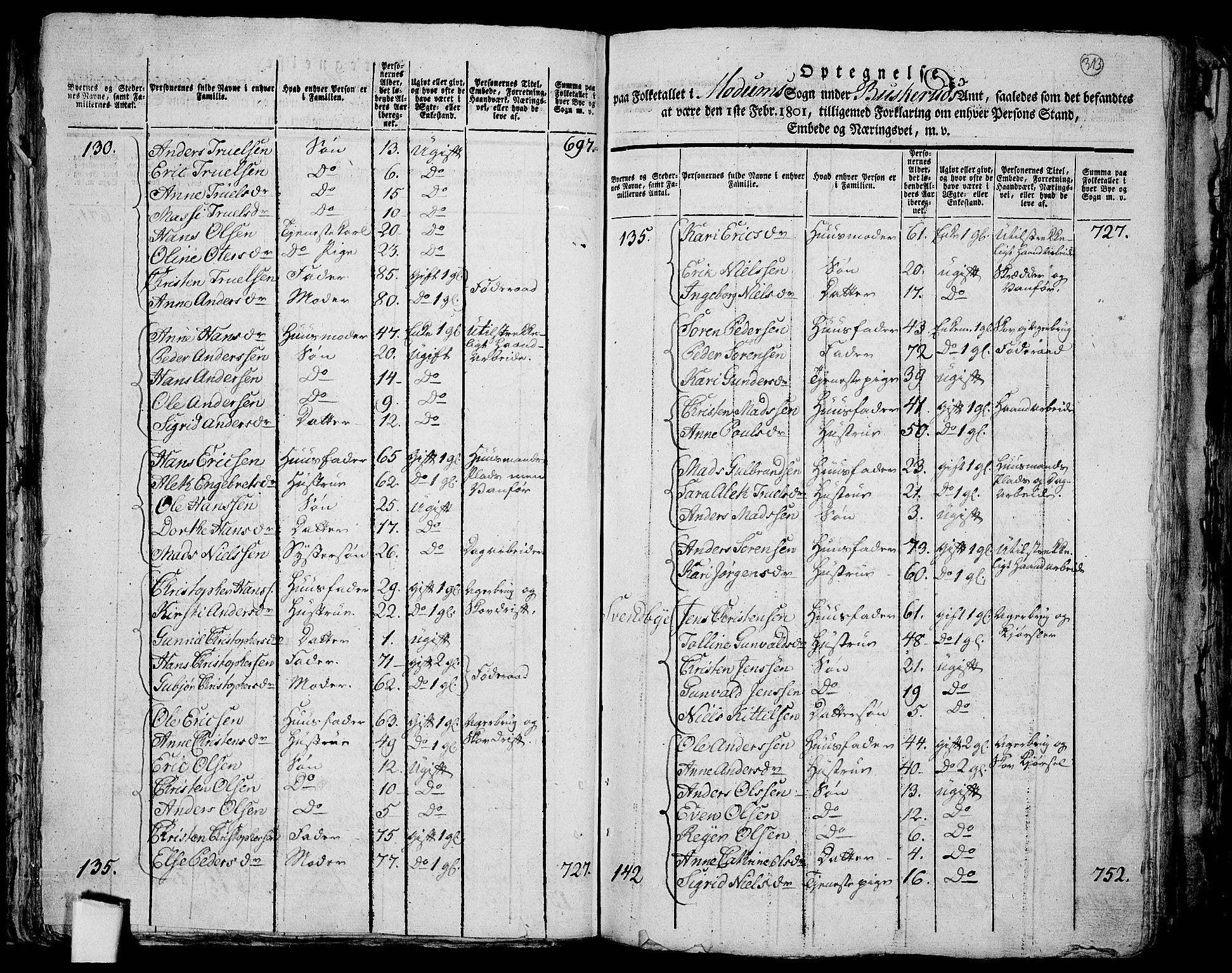 RA, 1801 census for 0623P Modum, 1801, p. 312b-313a