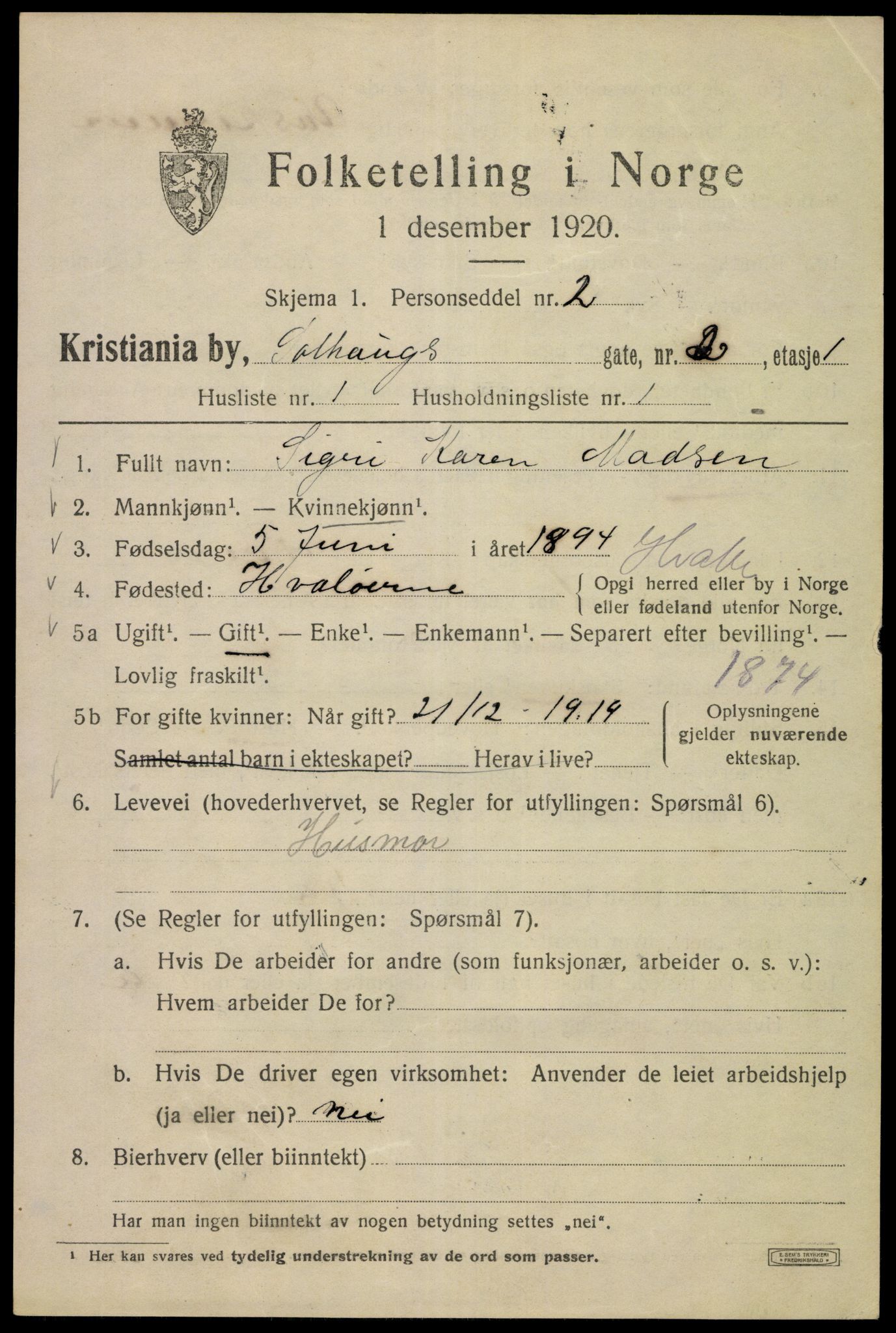 SAO, 1920 census for Kristiania, 1920, p. 527009