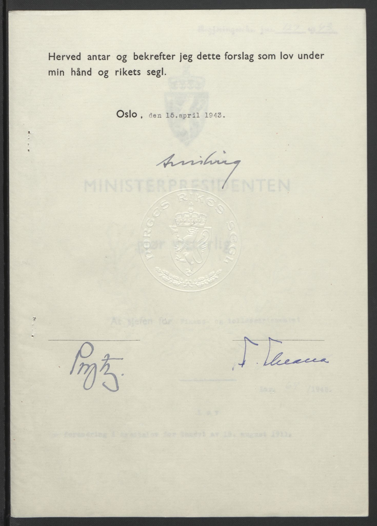 NS-administrasjonen 1940-1945 (Statsrådsekretariatet, de kommisariske statsråder mm), RA/S-4279/D/Db/L0099: Lover, 1943, p. 299