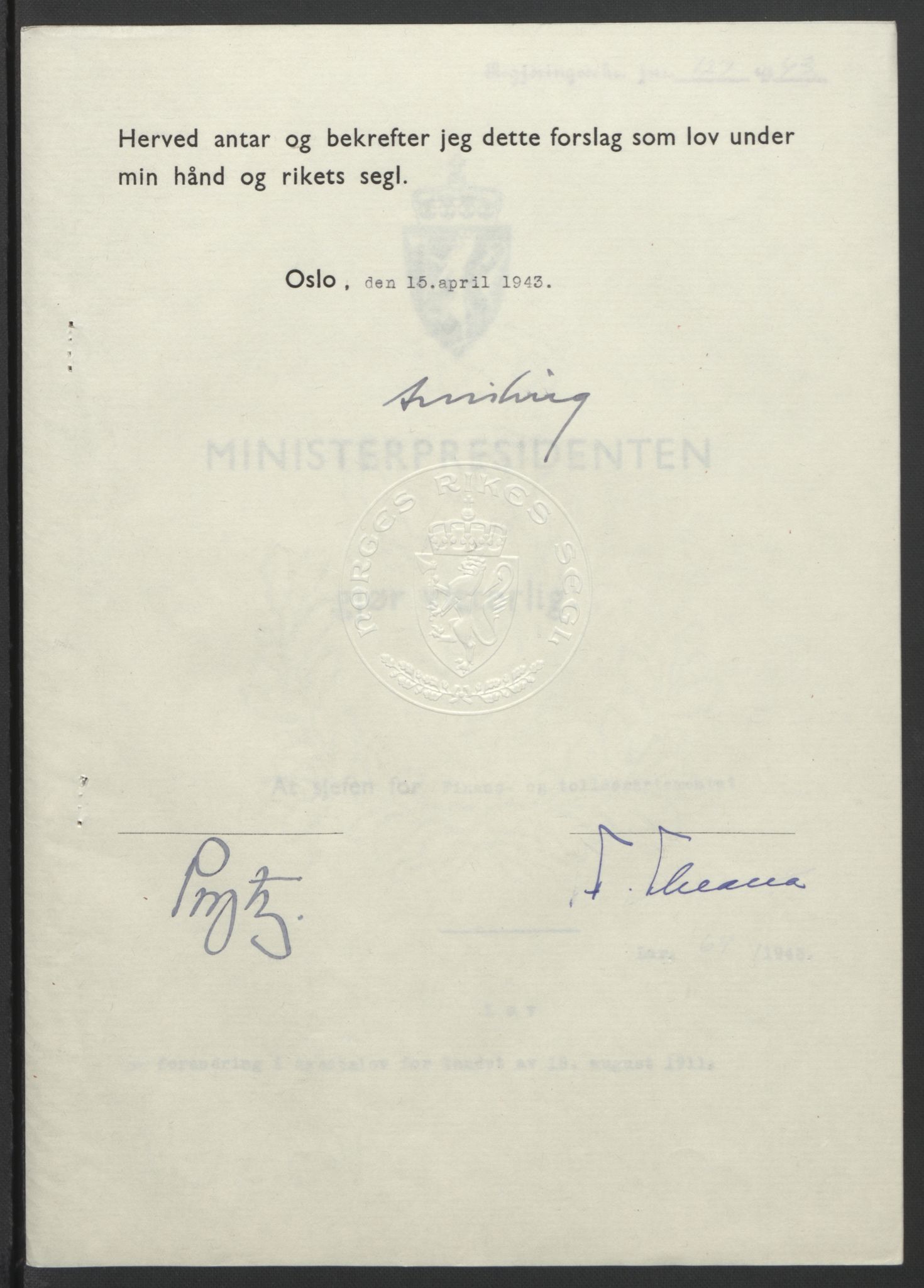 NS-administrasjonen 1940-1945 (Statsrådsekretariatet, de kommisariske statsråder mm), AV/RA-S-4279/D/Db/L0099: Lover, 1943, p. 299