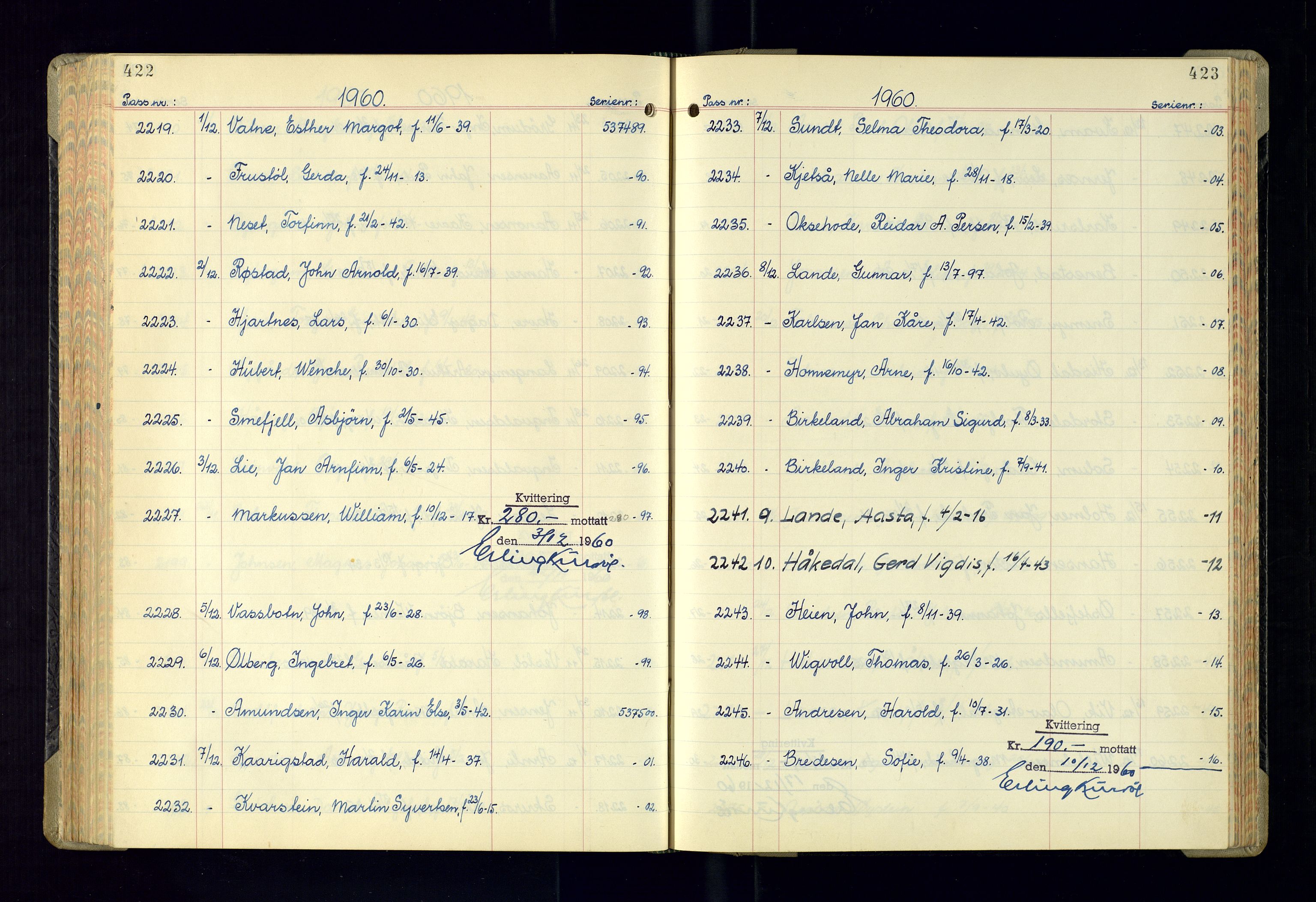 Kristiansand politikammer - 2, AV/SAK-1243-0009/K/Ka/Kaa/L0614: Passprotokoll, liste med løpenumre, 1958-1962, p. 422-423