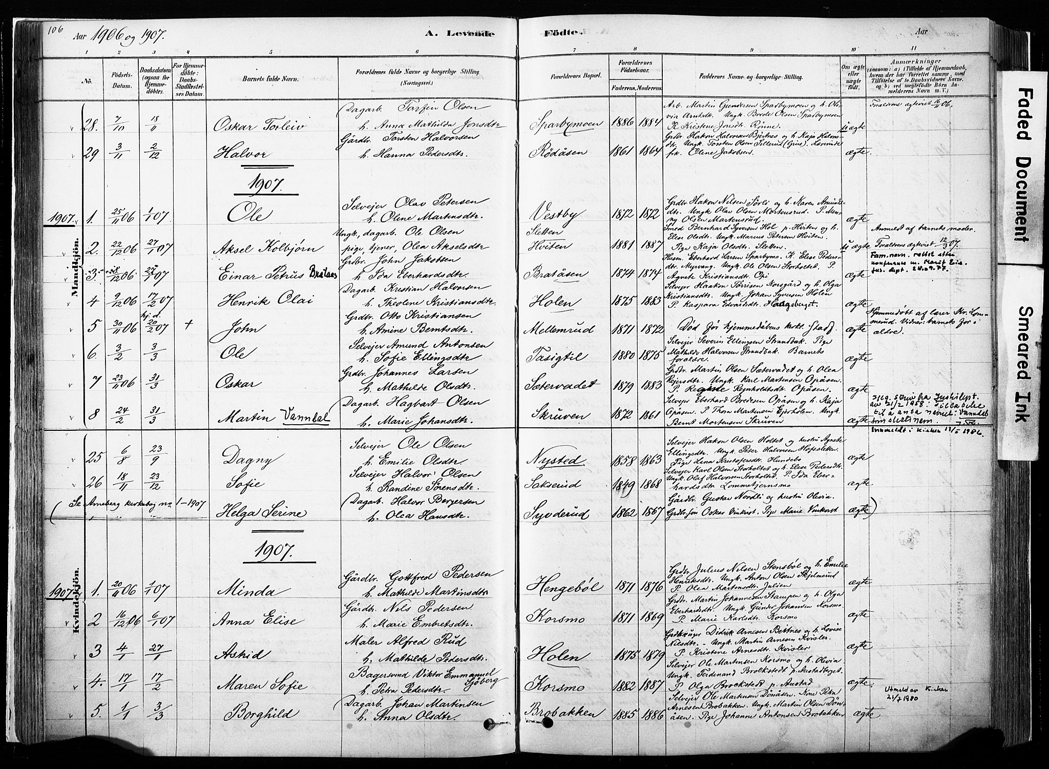 Hof prestekontor, SAH/PREST-038/H/Ha/Haa/L0010: Parish register (official) no. 10, 1878-1909, p. 106