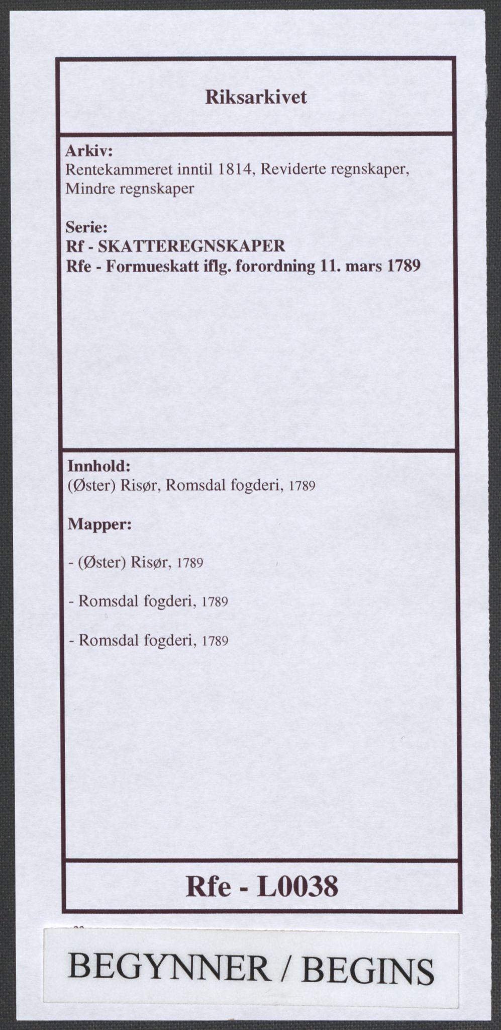 Rentekammeret inntil 1814, Reviderte regnskaper, Mindre regnskaper, RA/EA-4068/Rf/Rfe/L0038: (Øster) Risør, Romsdal fogderi, 1789, p. 1