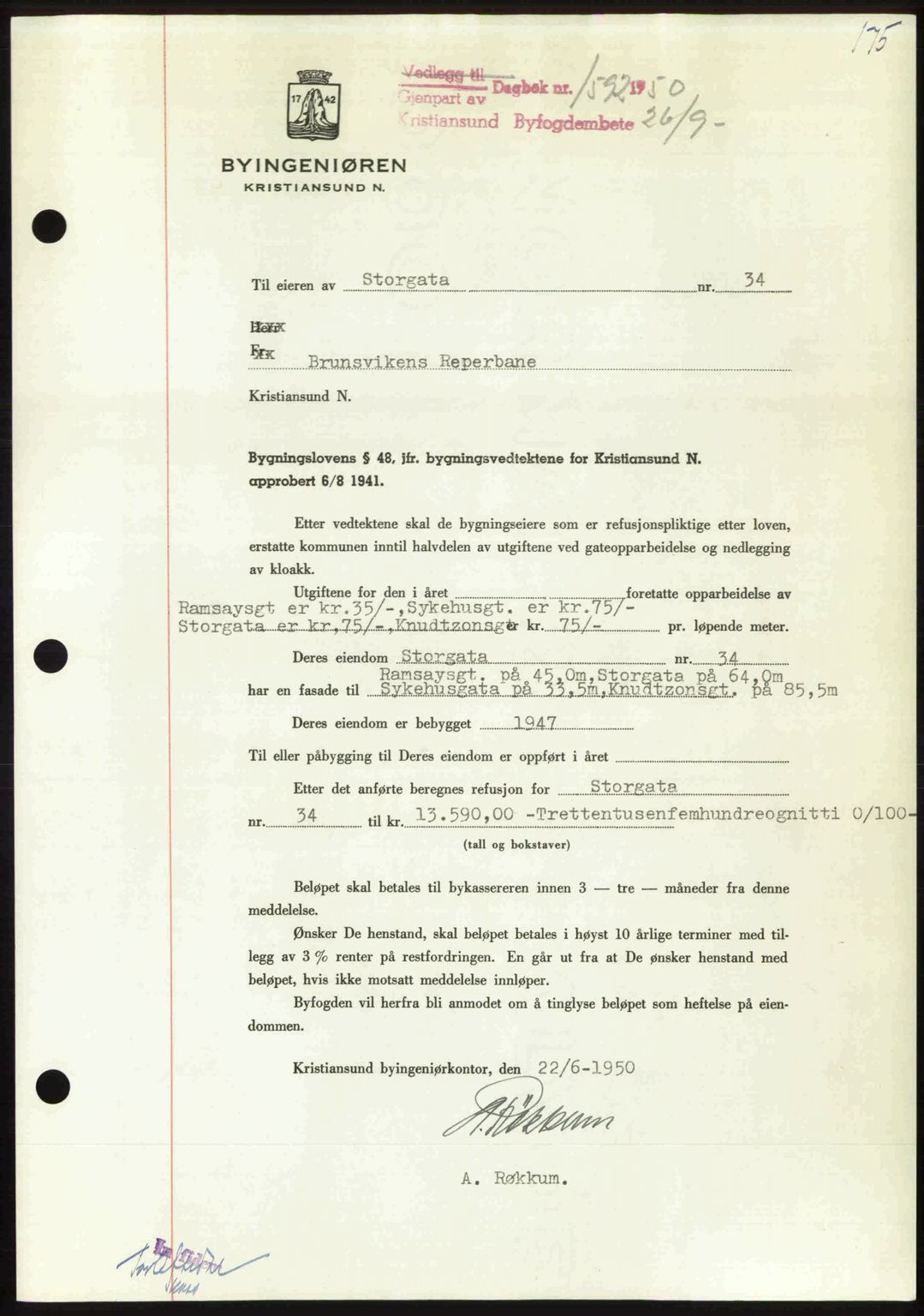 Kristiansund byfogd, AV/SAT-A-4587/A/27: Mortgage book no. 50, 1950-1950, Diary no: : 1592/1950