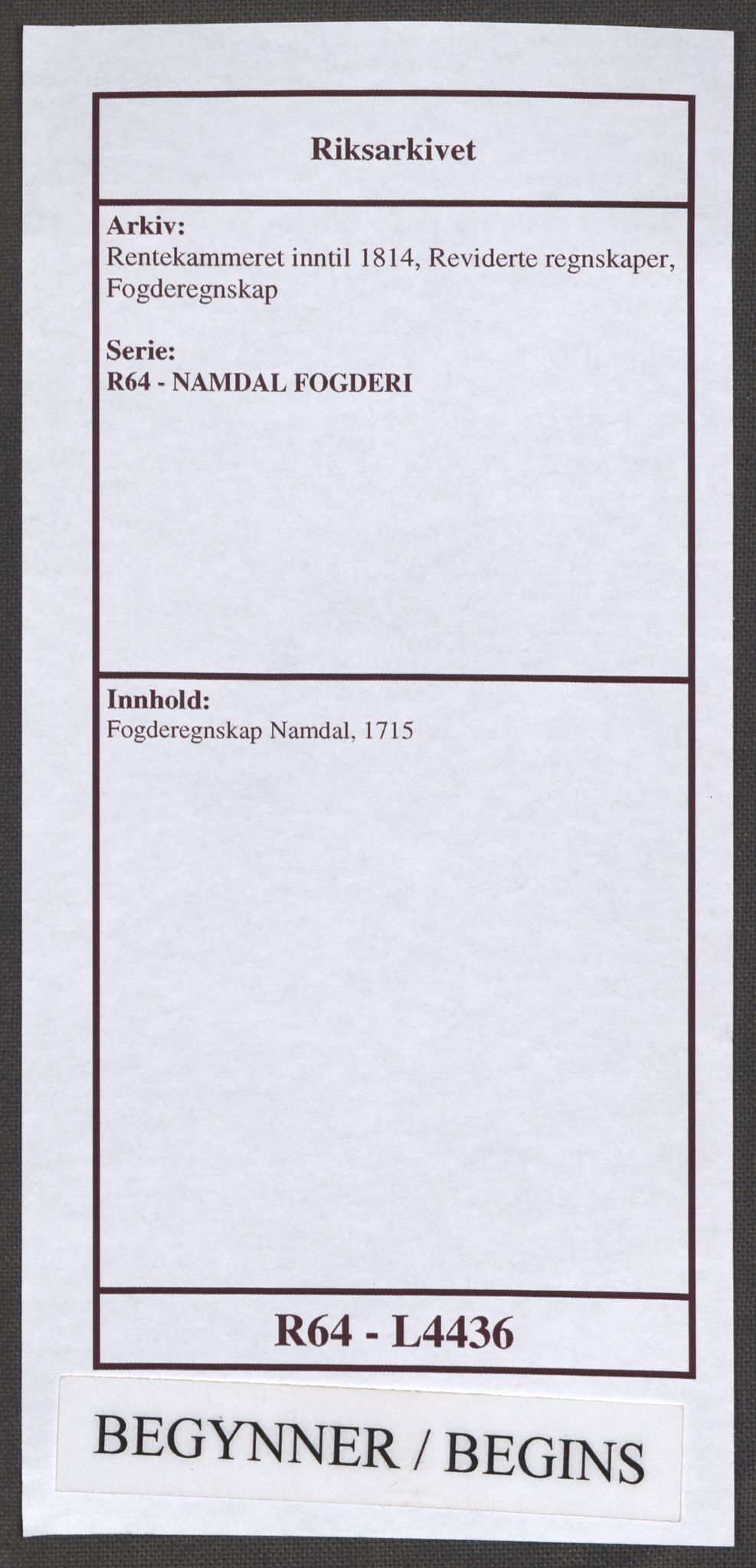 Rentekammeret inntil 1814, Reviderte regnskaper, Fogderegnskap, AV/RA-EA-4092/R64/L4436: Fogderegnskap Namdal, 1715, p. 1