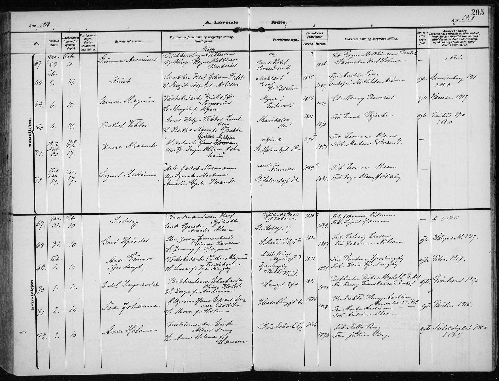 Rikshospitalet prestekontor Kirkebøker, SAO/A-10309b/F/L0016: Parish register (official) no. 16, 1916-1918, p. 295