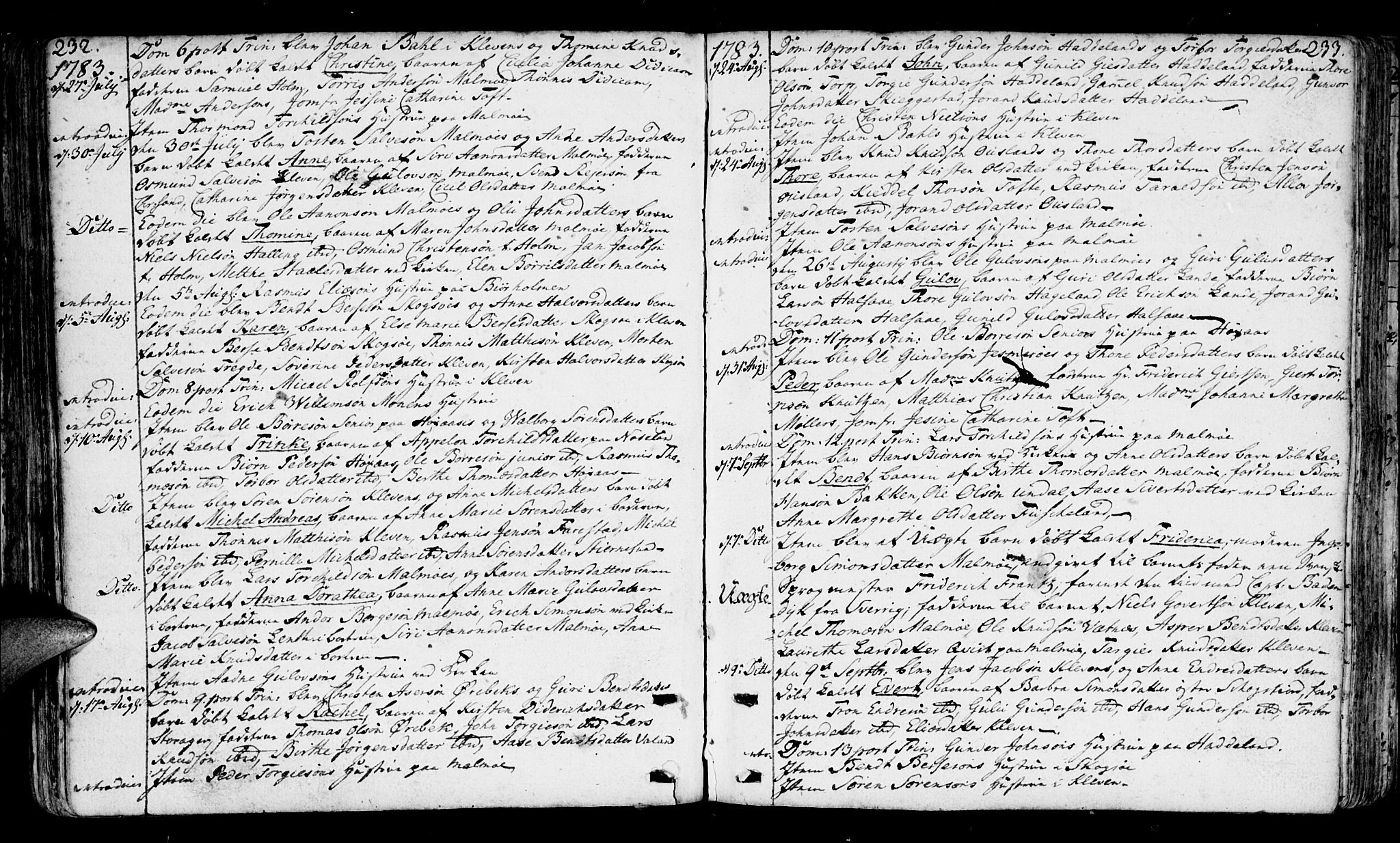 Mandal sokneprestkontor, SAK/1111-0030/F/Fa/Faa/L0003: Parish register (official) no. A 3, 1748-1794, p. 232-233