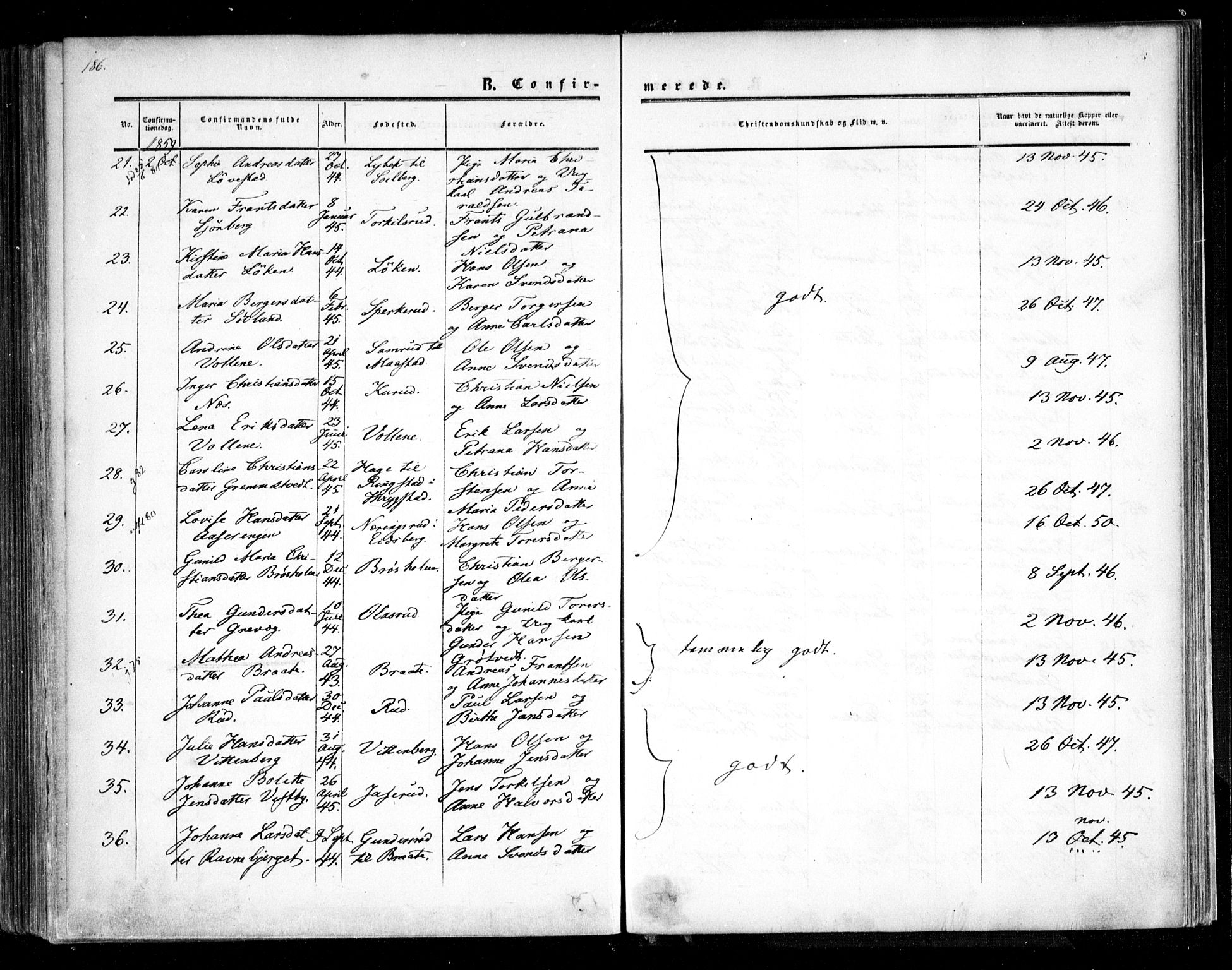 Trøgstad prestekontor Kirkebøker, SAO/A-10925/F/Fa/L0008.a: Parish register (official) no. I 8A, 1855-1864, p. 186