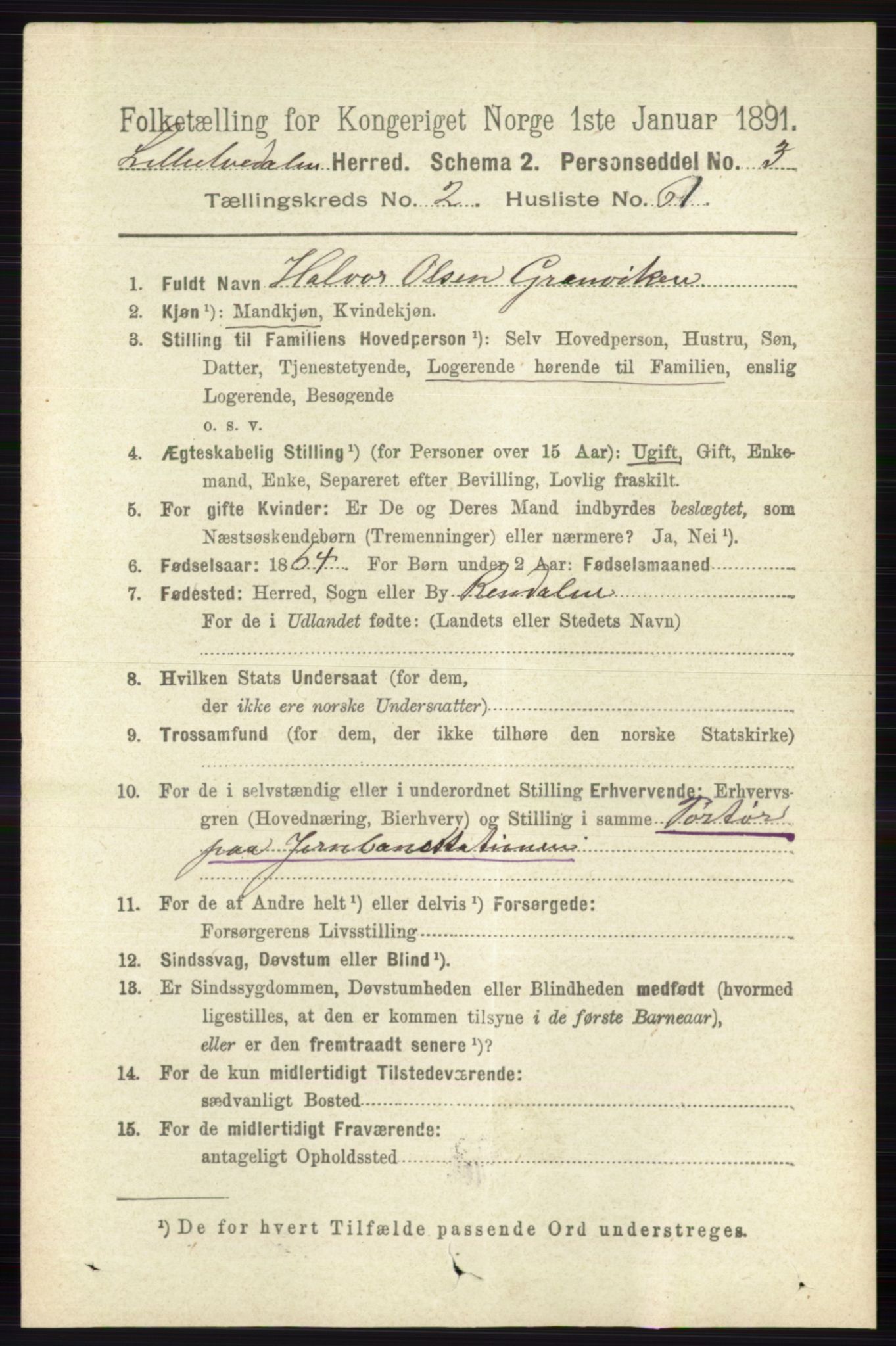 RA, 1891 census for 0438 Lille Elvedalen, 1891, p. 991