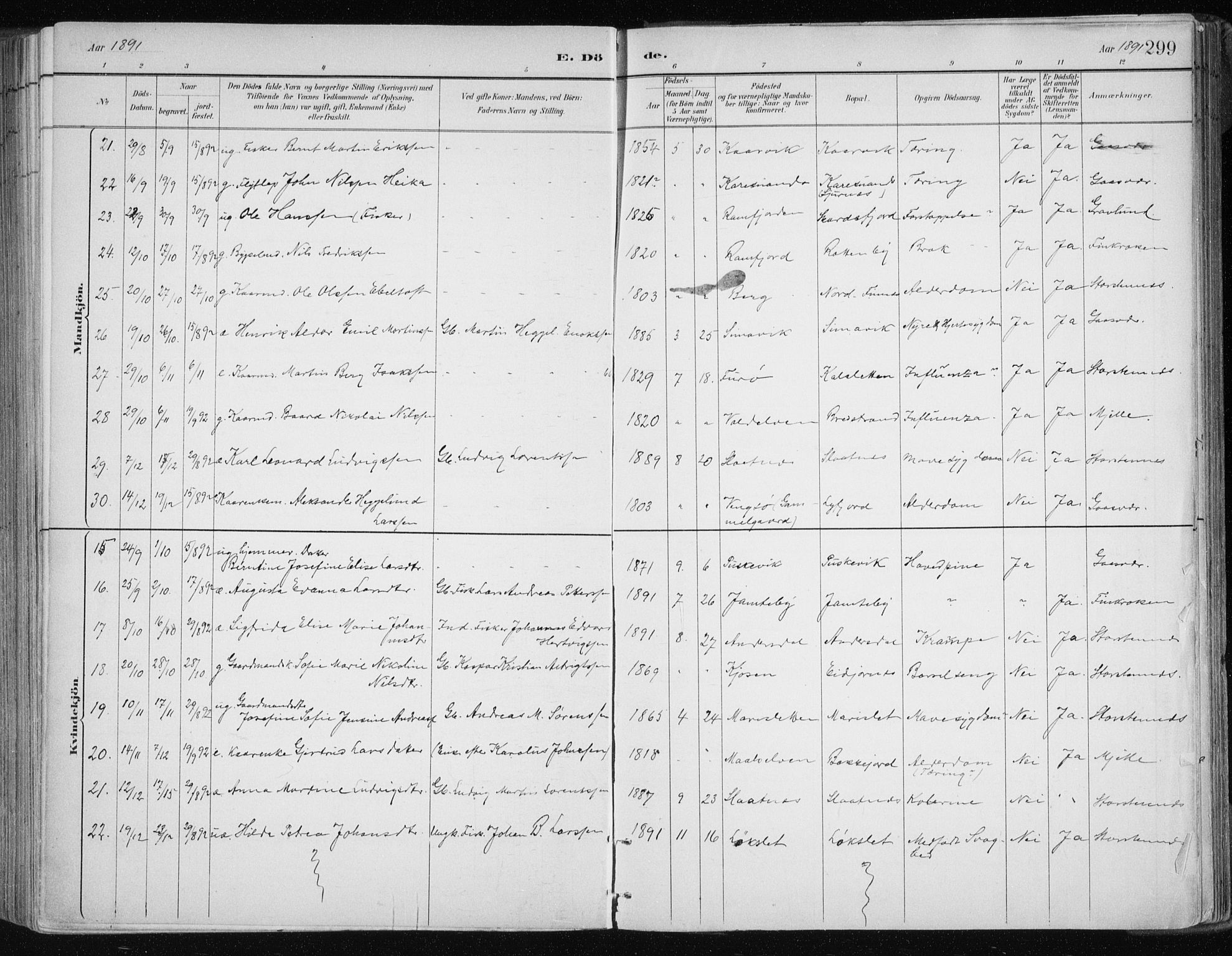 Tromsøysund sokneprestkontor, SATØ/S-1304/G/Ga/L0005kirke: Parish register (official) no. 5, 1888-1896, p. 299
