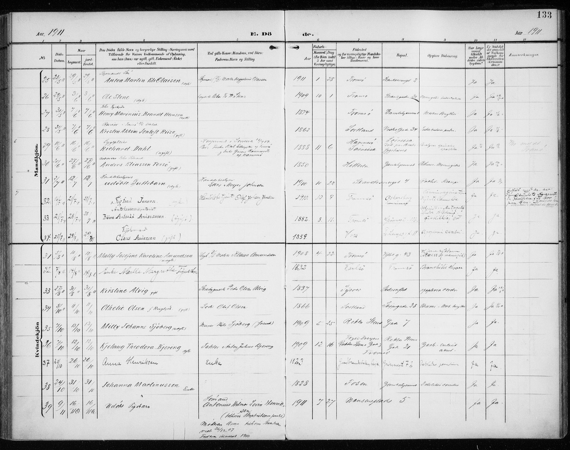 Tromsø sokneprestkontor/stiftsprosti/domprosti, AV/SATØ-S-1343/G/Ga/L0018kirke: Parish register (official) no. 18, 1907-1917, p. 133