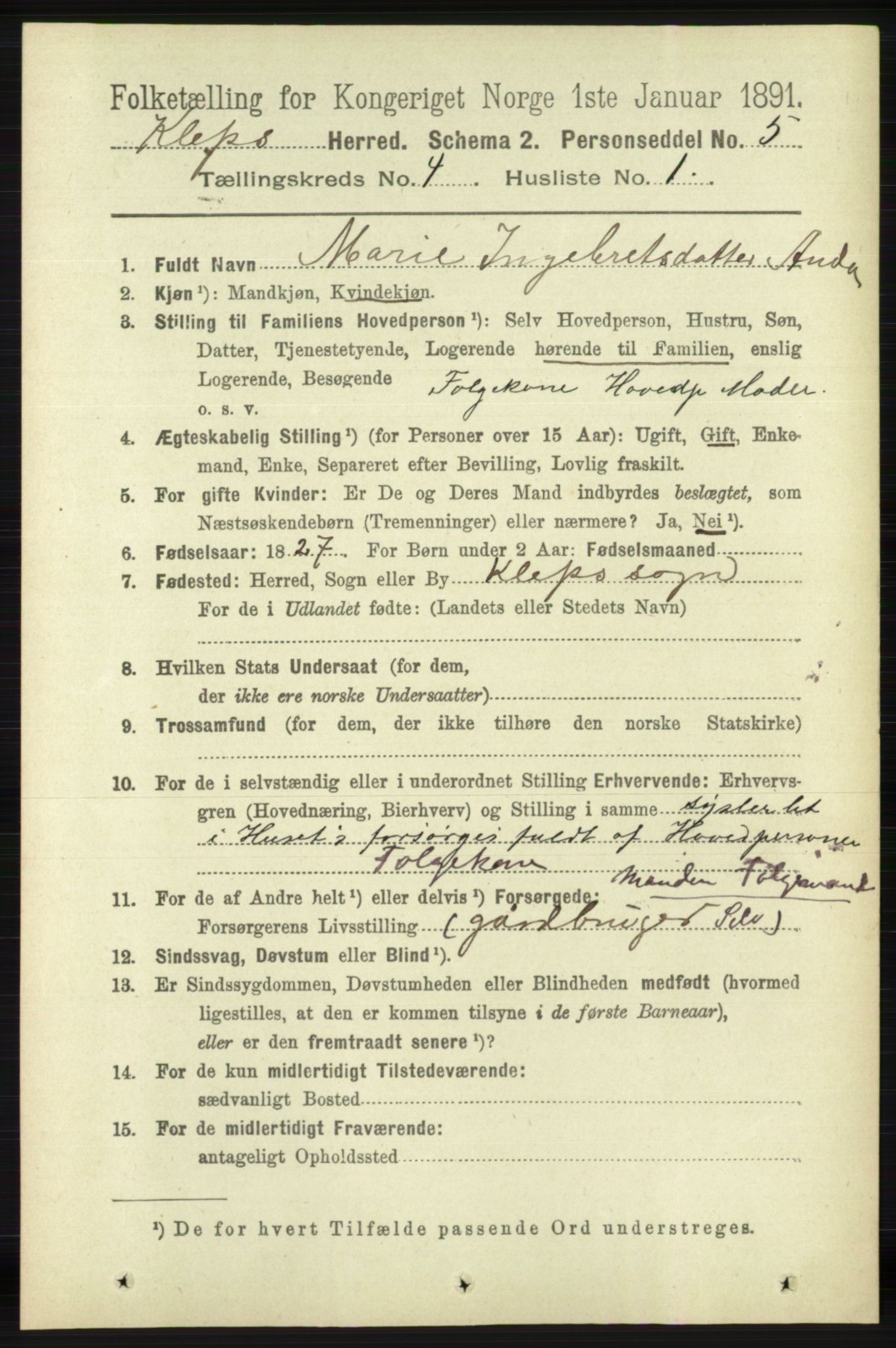 RA, 1891 census for 1120 Klepp, 1891, p. 953