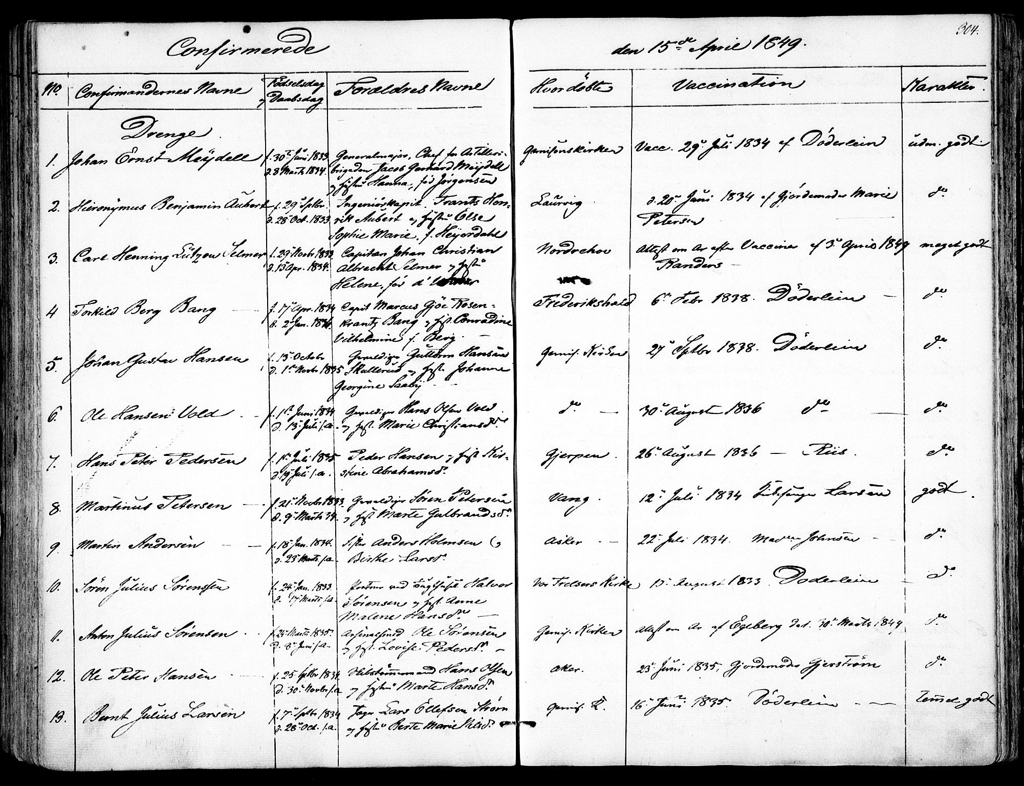 Garnisonsmenigheten Kirkebøker, SAO/A-10846/F/Fa/L0008: Parish register (official) no. 8, 1842-1859, p. 304