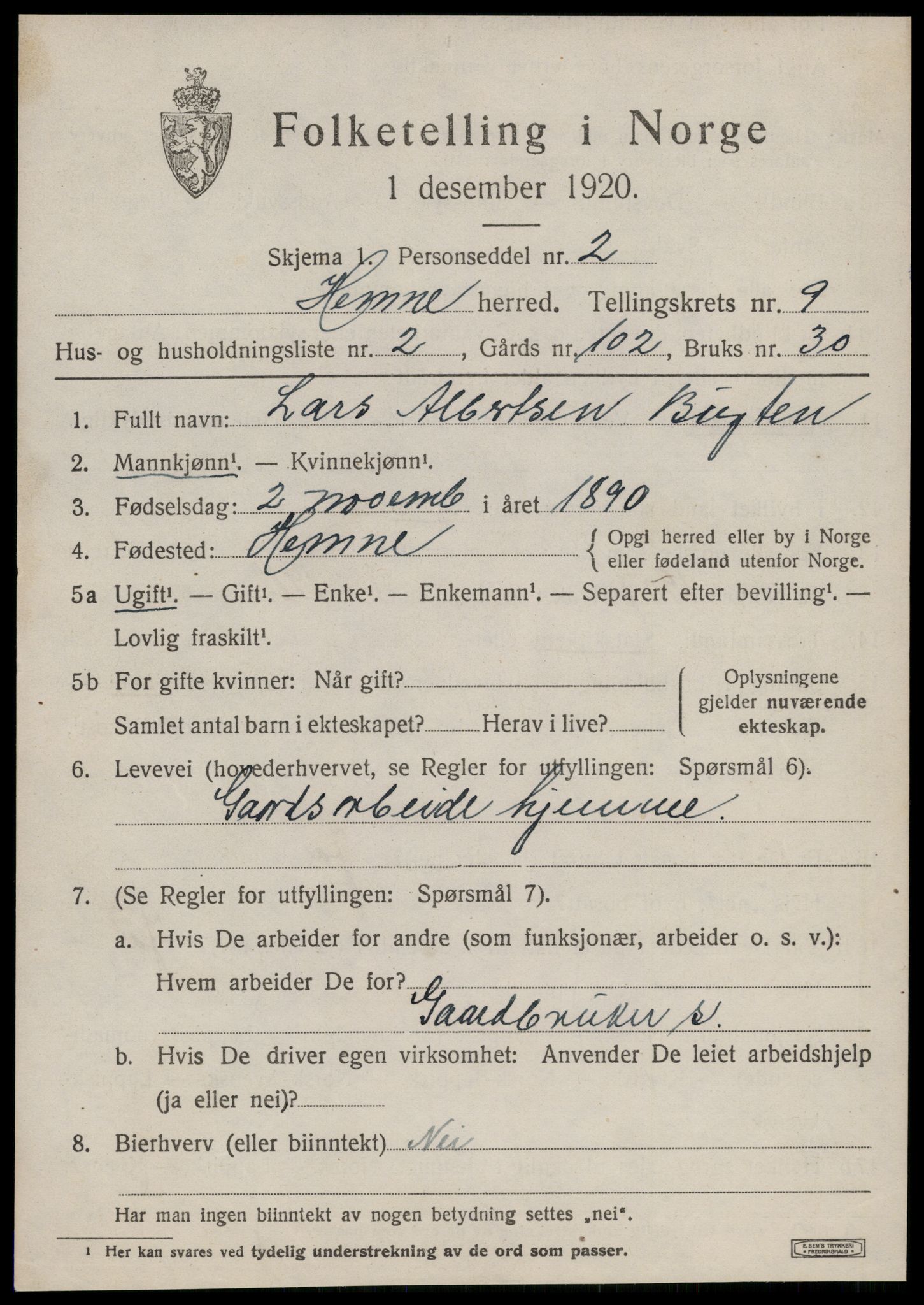 SAT, 1920 census for Hemne, 1920, p. 5410