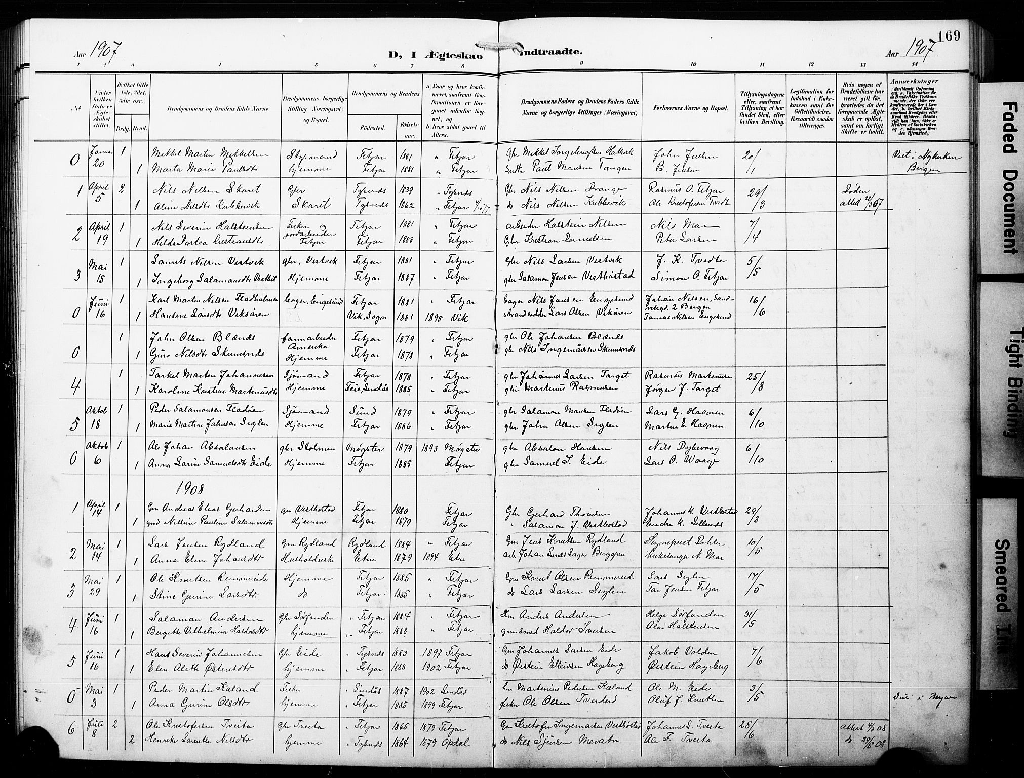 Fitjar sokneprestembete, SAB/A-99926: Parish register (copy) no. B 1, 1906-1928, p. 169