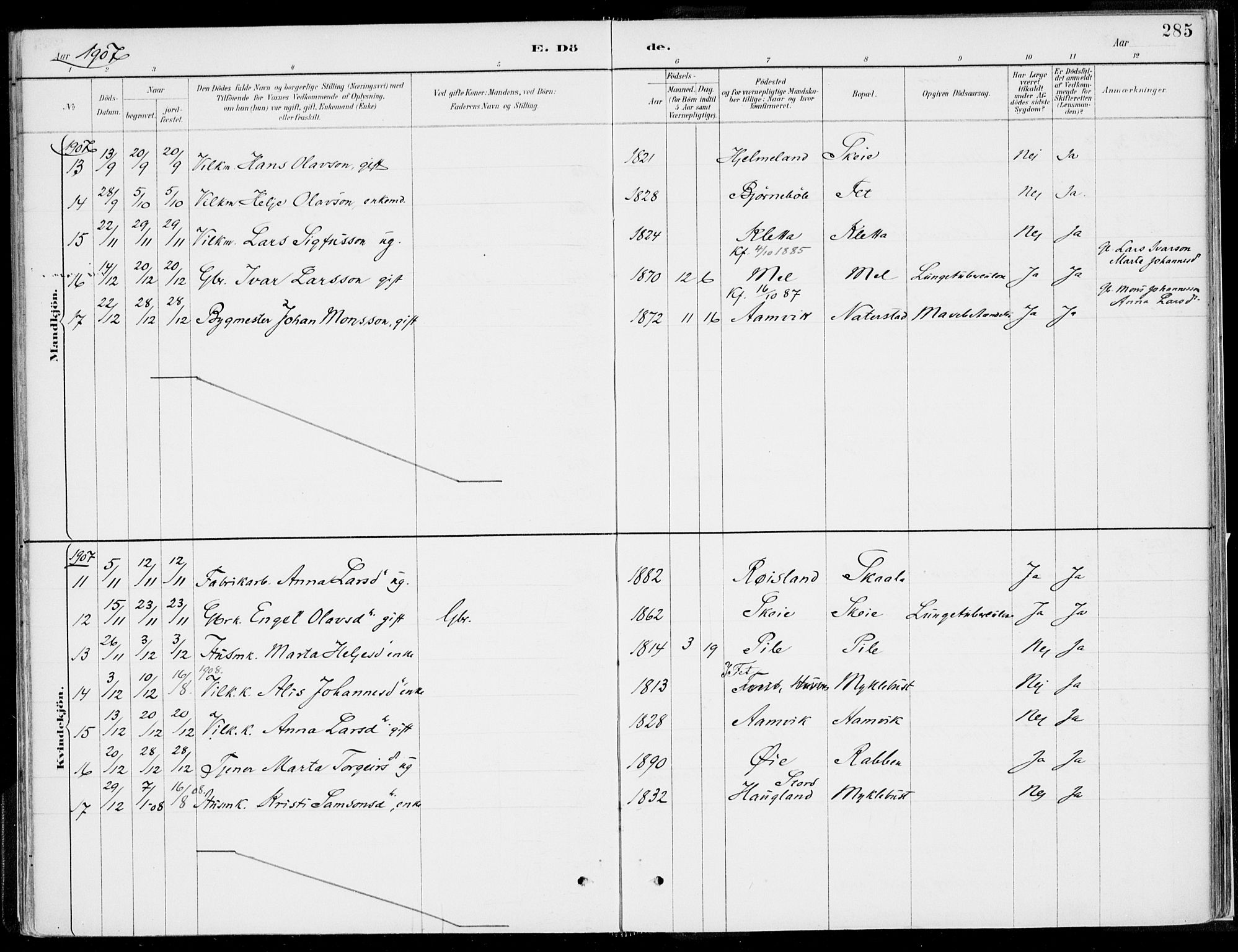 Kvinnherad sokneprestembete, SAB/A-76401/H/Haa: Parish register (official) no. B  1, 1887-1921, p. 285