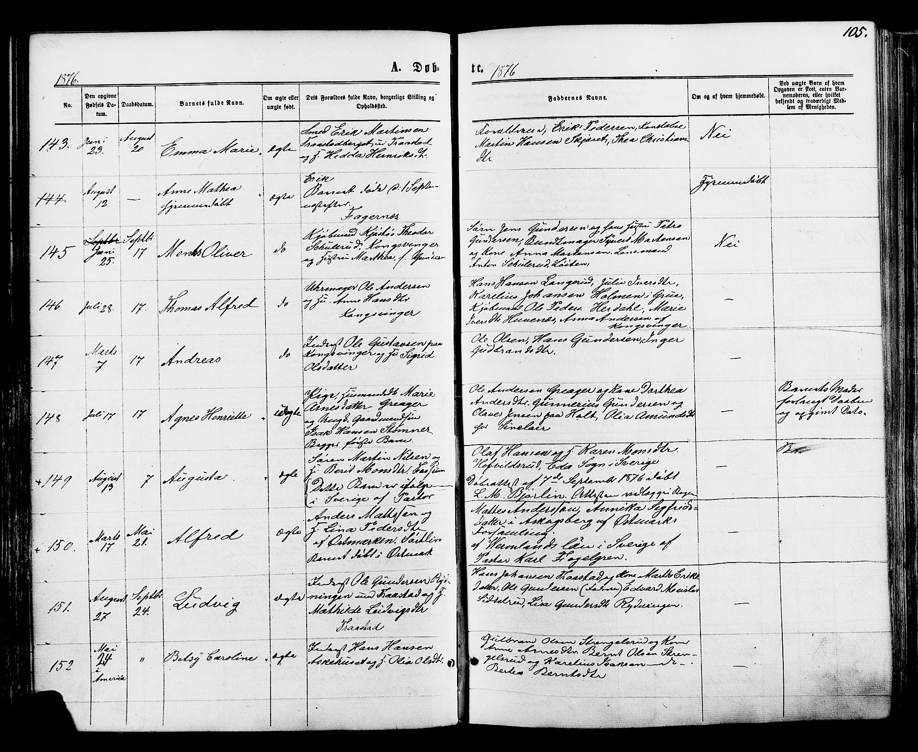 Vinger prestekontor, SAH/PREST-024/H/Ha/Haa/L0012: Parish register (official) no. 12, 1871-1880, p. 105