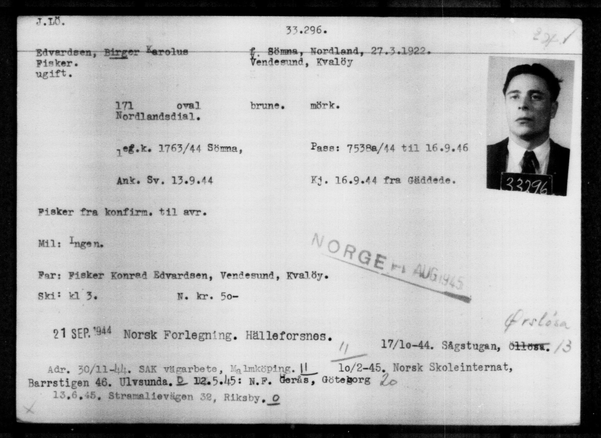 Utenriksstasjonene, Legasjonen i Stockholm, Flyktningkontoret, AV/RA-S-6753/V/Va/L0013: Kjesäterkartoteket, flyktninger med registreringsnr. 31500-34731, 1940-1945, p. 1888