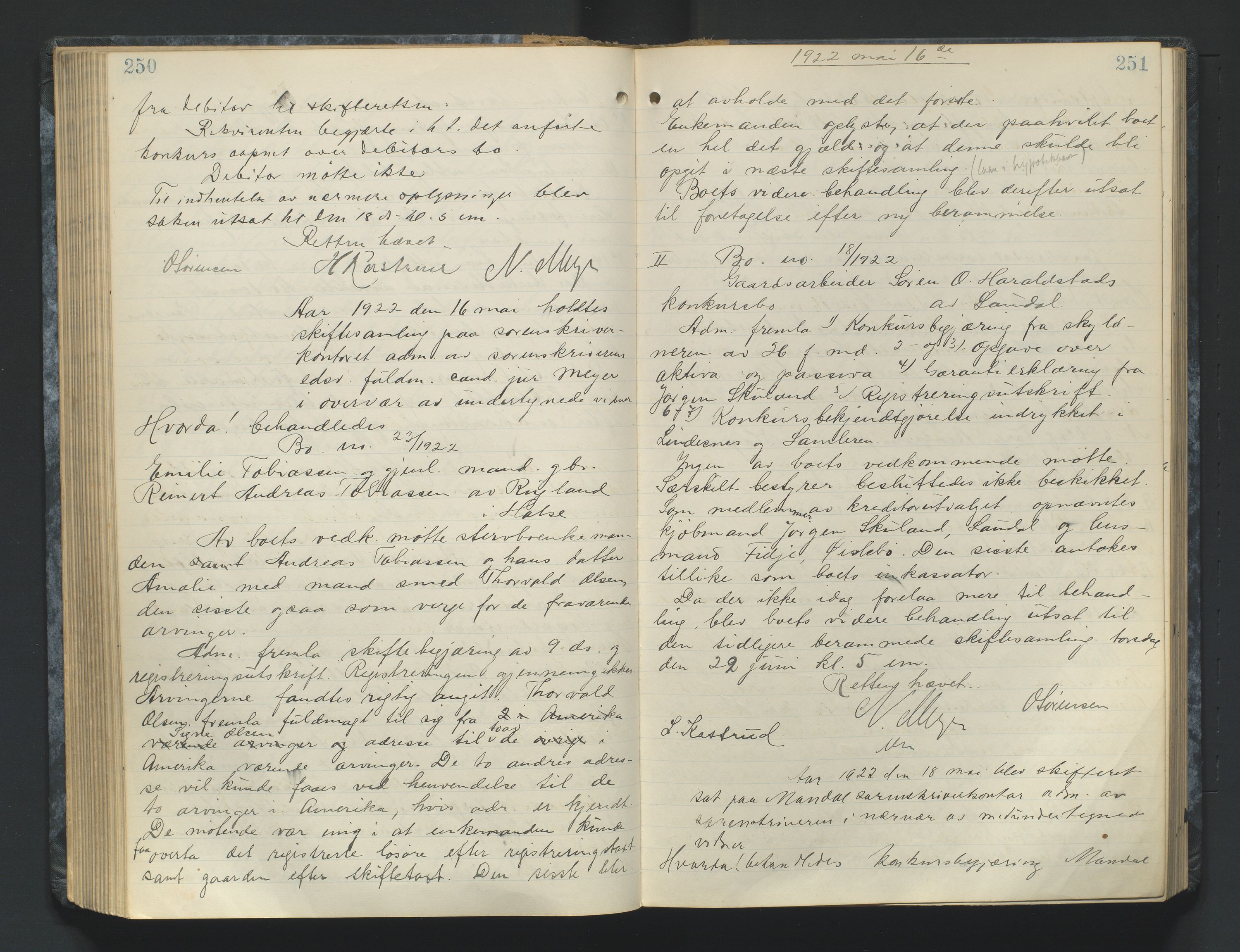 Mandal sorenskriveri, AV/SAK-1221-0005/001/H/Hc/L0084: Skifteforhandlingsprotokoll nr 16, 1921-1924, p. 250-251