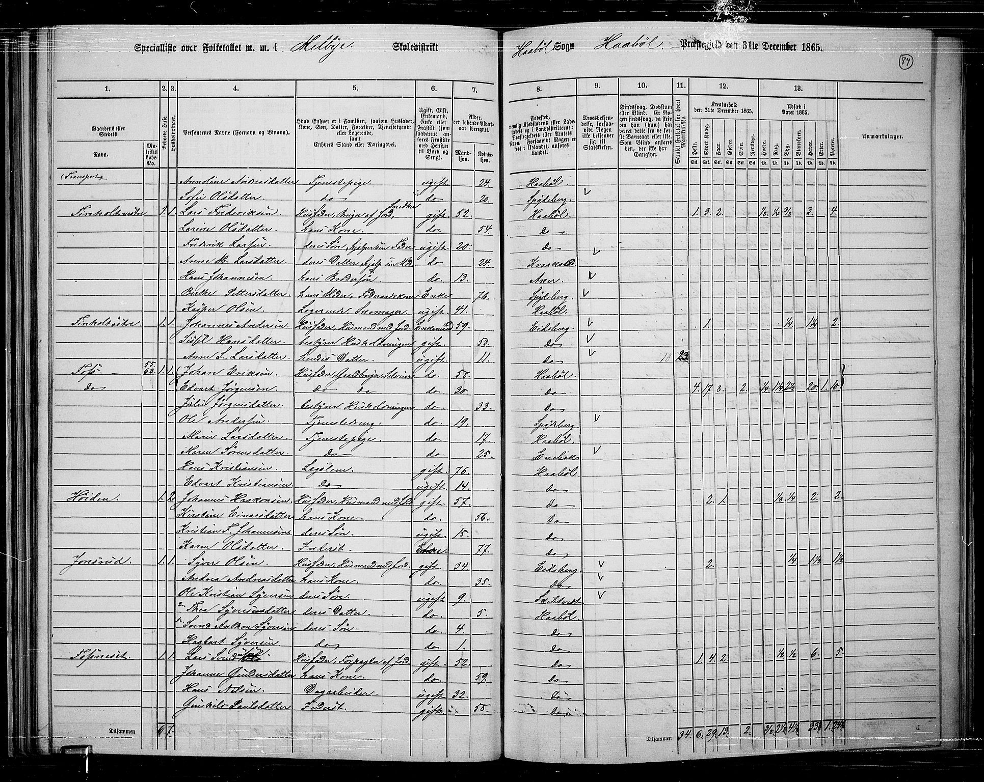 RA, 1865 census for Hobøl, 1865, p. 73