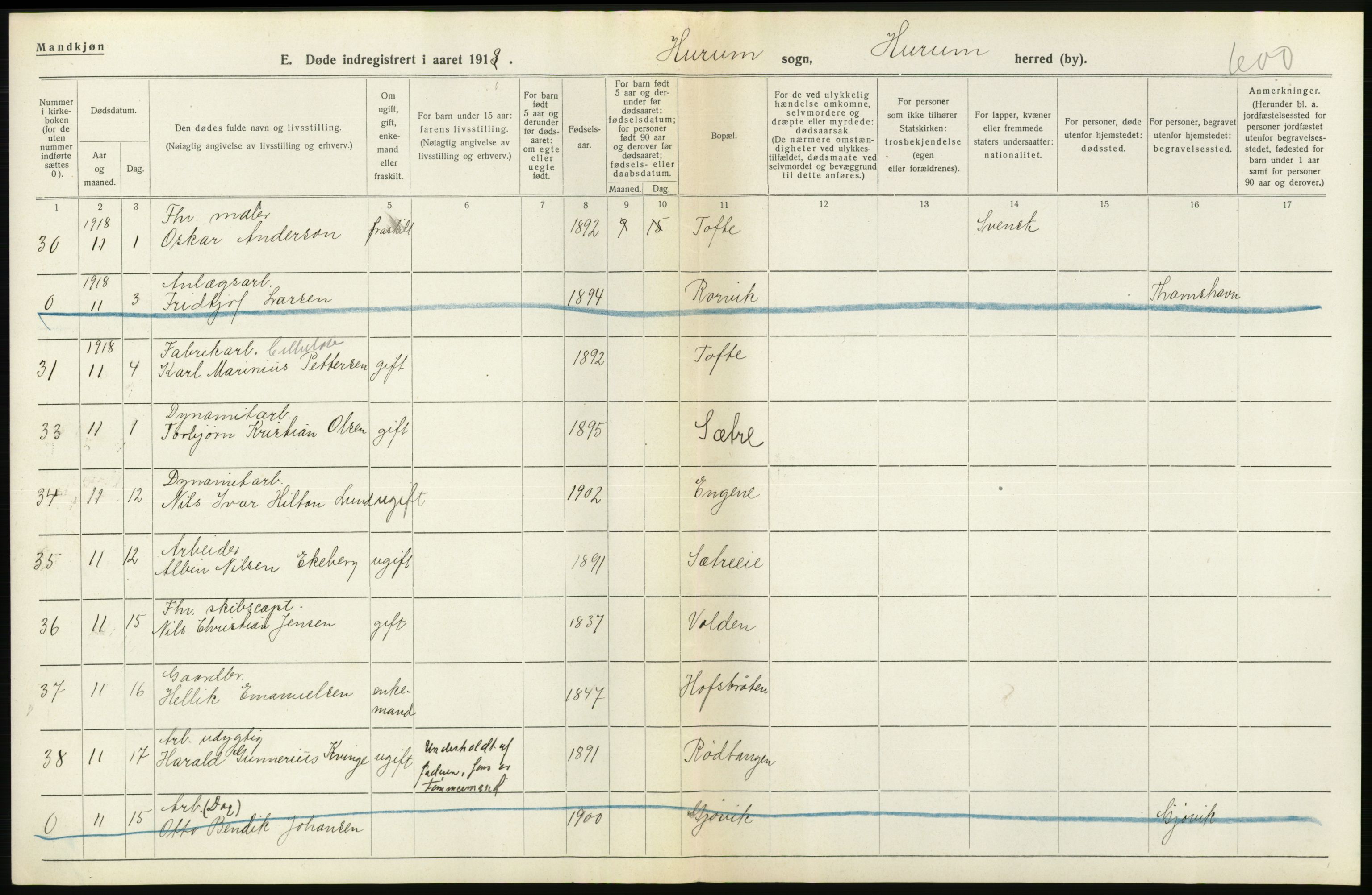 Statistisk sentralbyrå, Sosiodemografiske emner, Befolkning, AV/RA-S-2228/D/Df/Dfb/Dfbh/L0020: Buskerud fylke: Døde. Bygder og byer., 1918, p. 8