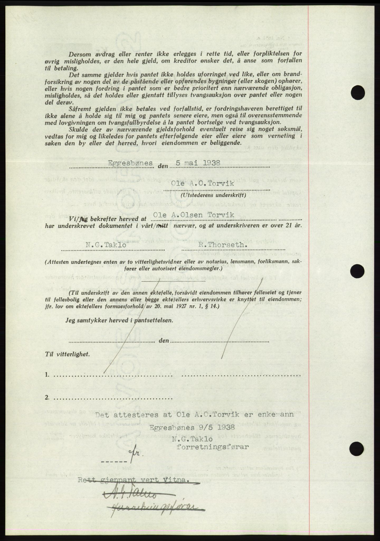 Søre Sunnmøre sorenskriveri, AV/SAT-A-4122/1/2/2C/L0065: Mortgage book no. 59, 1938-1938, Diary no: : 638/1938