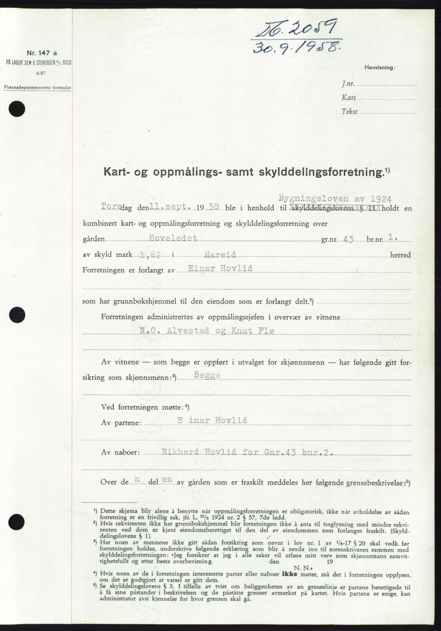 Søre Sunnmøre sorenskriveri, AV/SAT-A-4122/1/2/2C/L0110: Mortgage book no. 36A, 1958-1958, Diary no: : 2059/1958