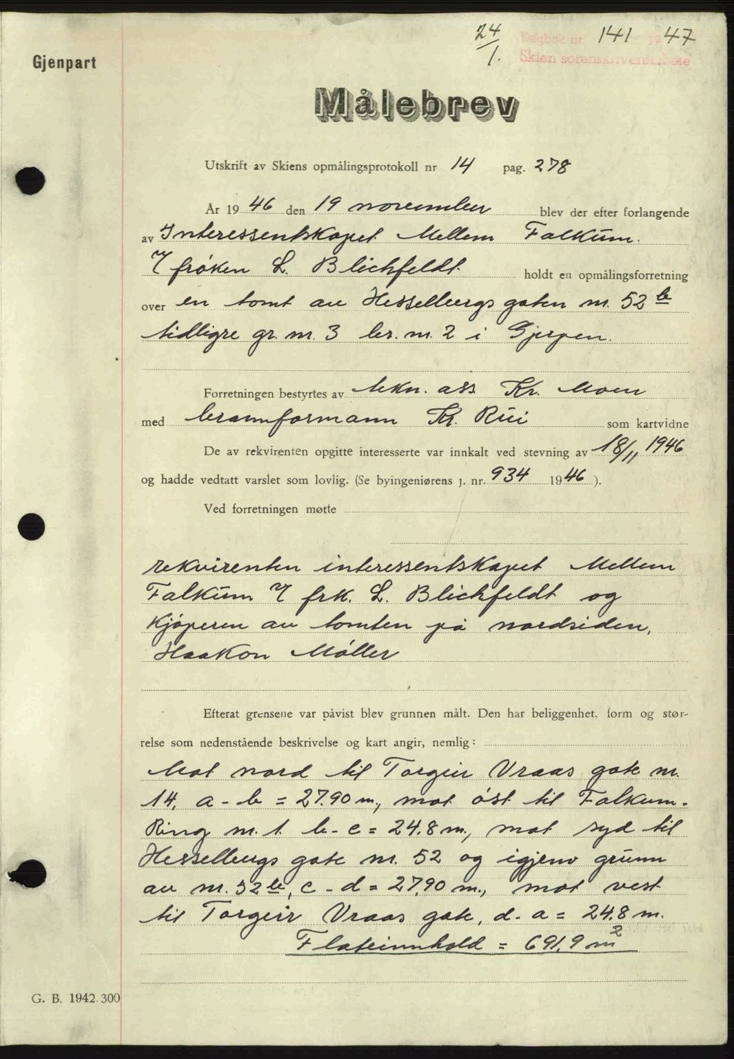 Skien sorenskriveri, AV/SAKO-A-225/G/Ga/Gaa/L0012: Mortgage book no. A-12, 1947-1947, Diary no: : 141/1947