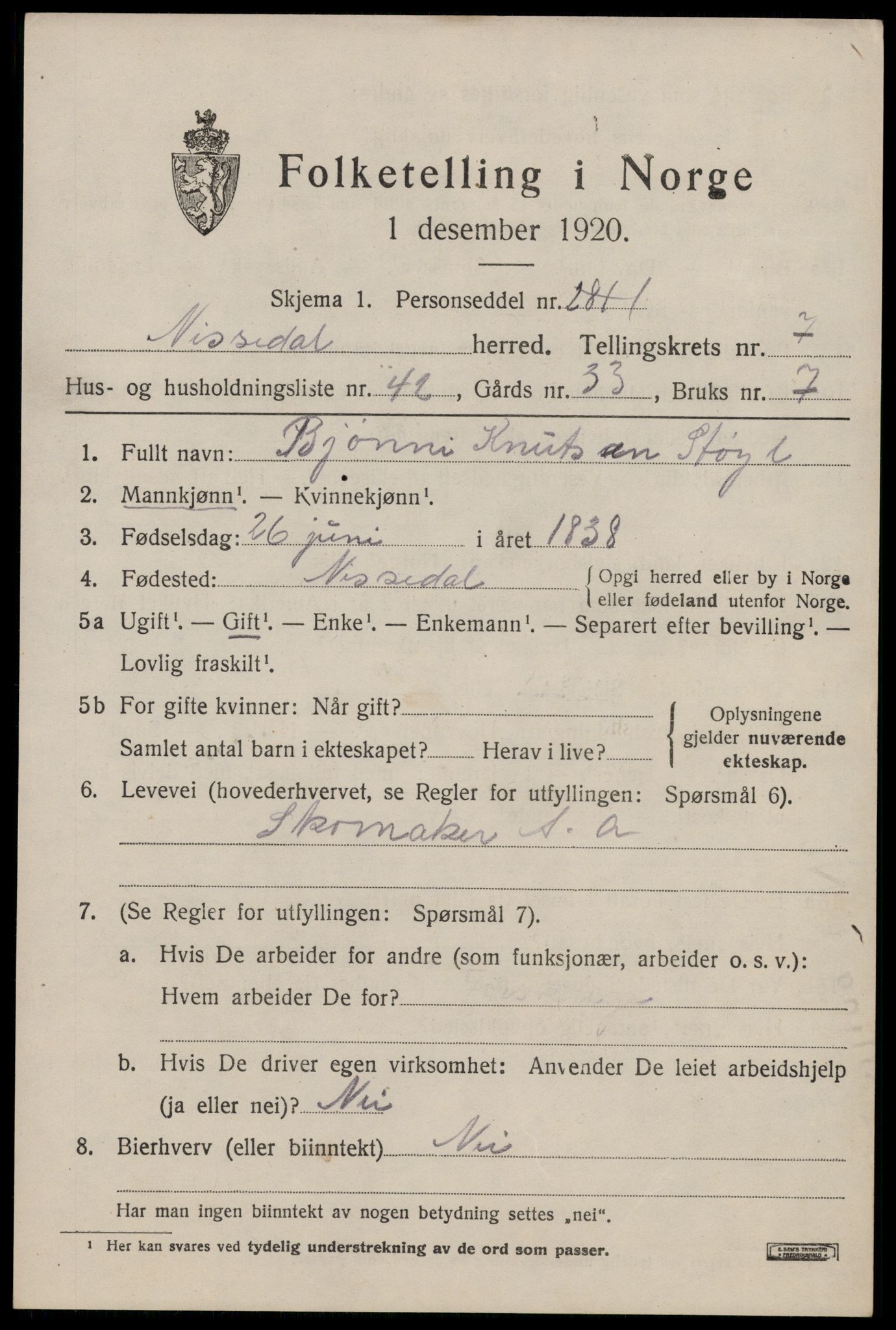 SAKO, 1920 census for Nissedal, 1920, p. 3033